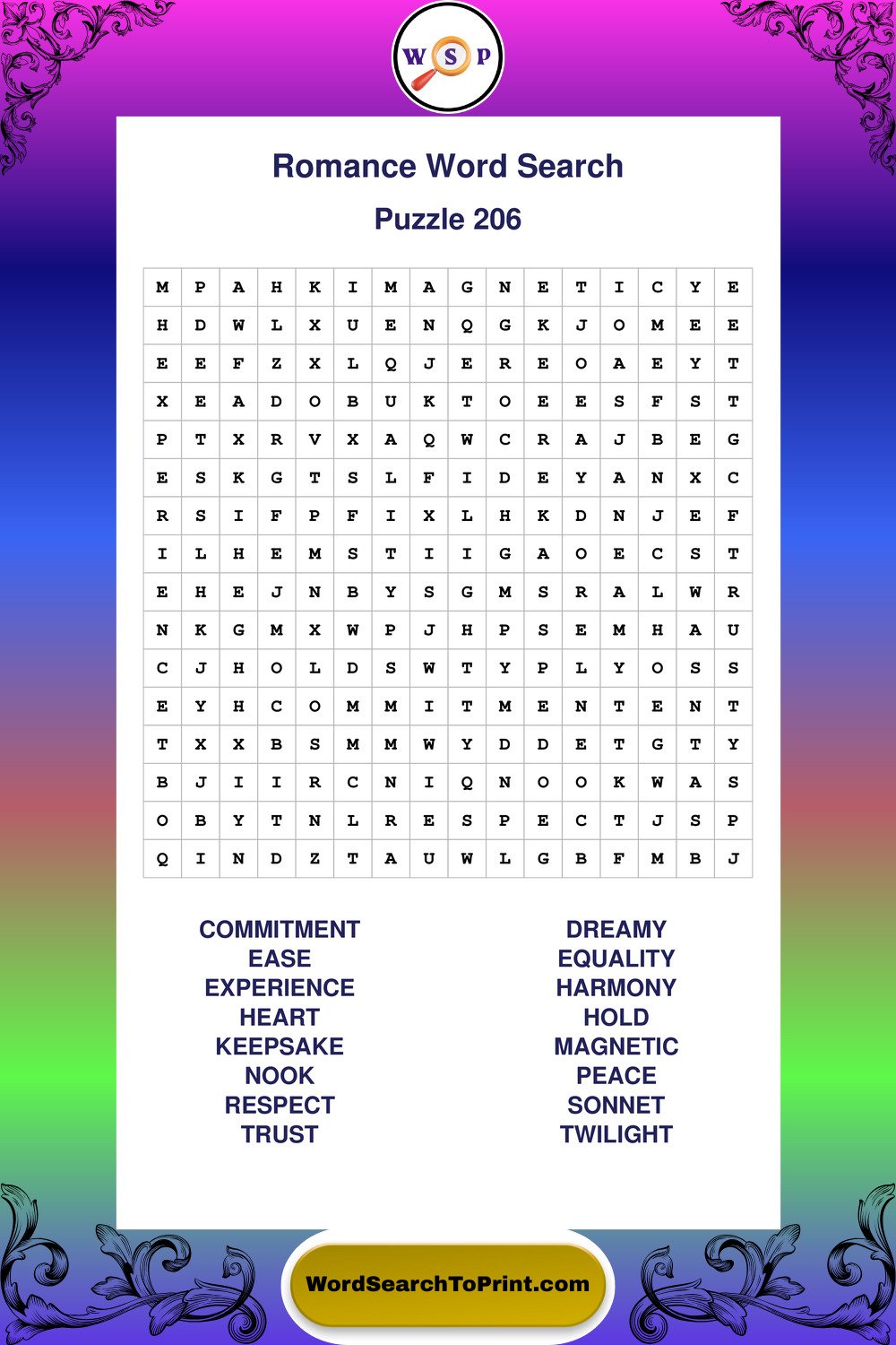 Romance Word Search Puzzle 206