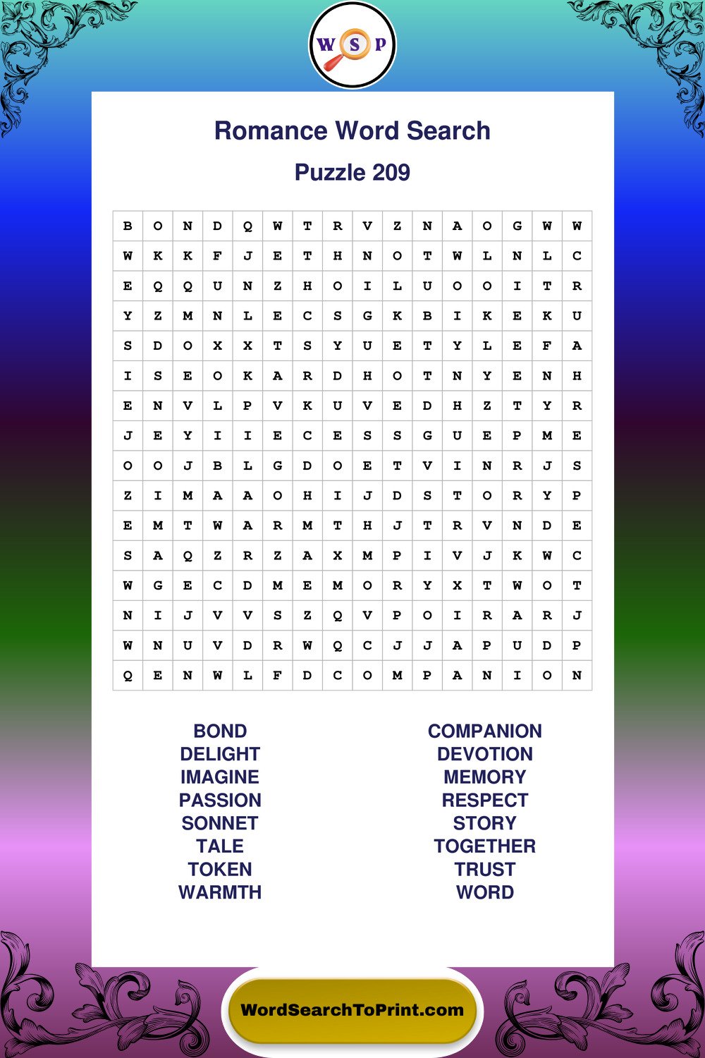 Romance Word Search Puzzle 209