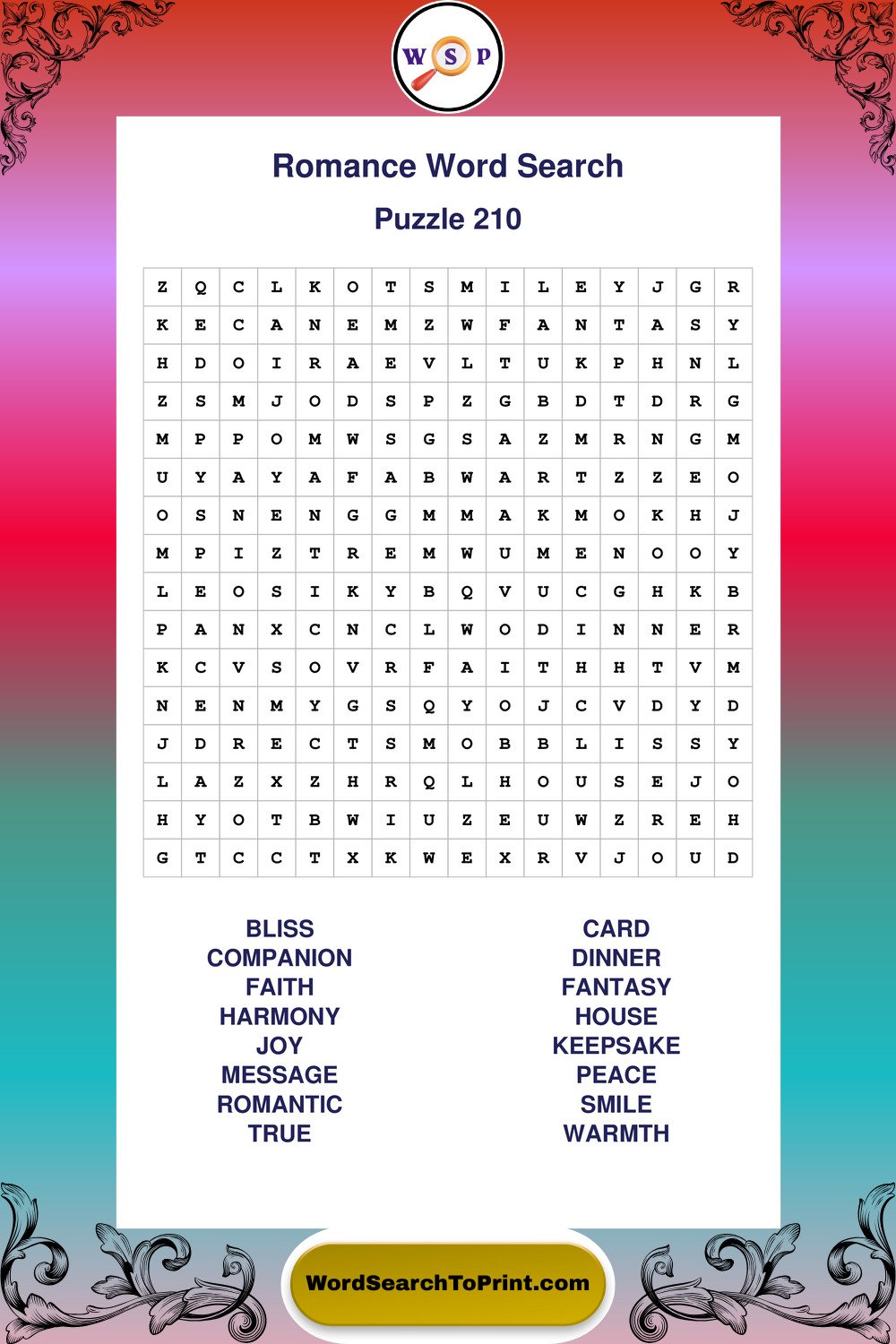 Romance Word Search Puzzle 210
