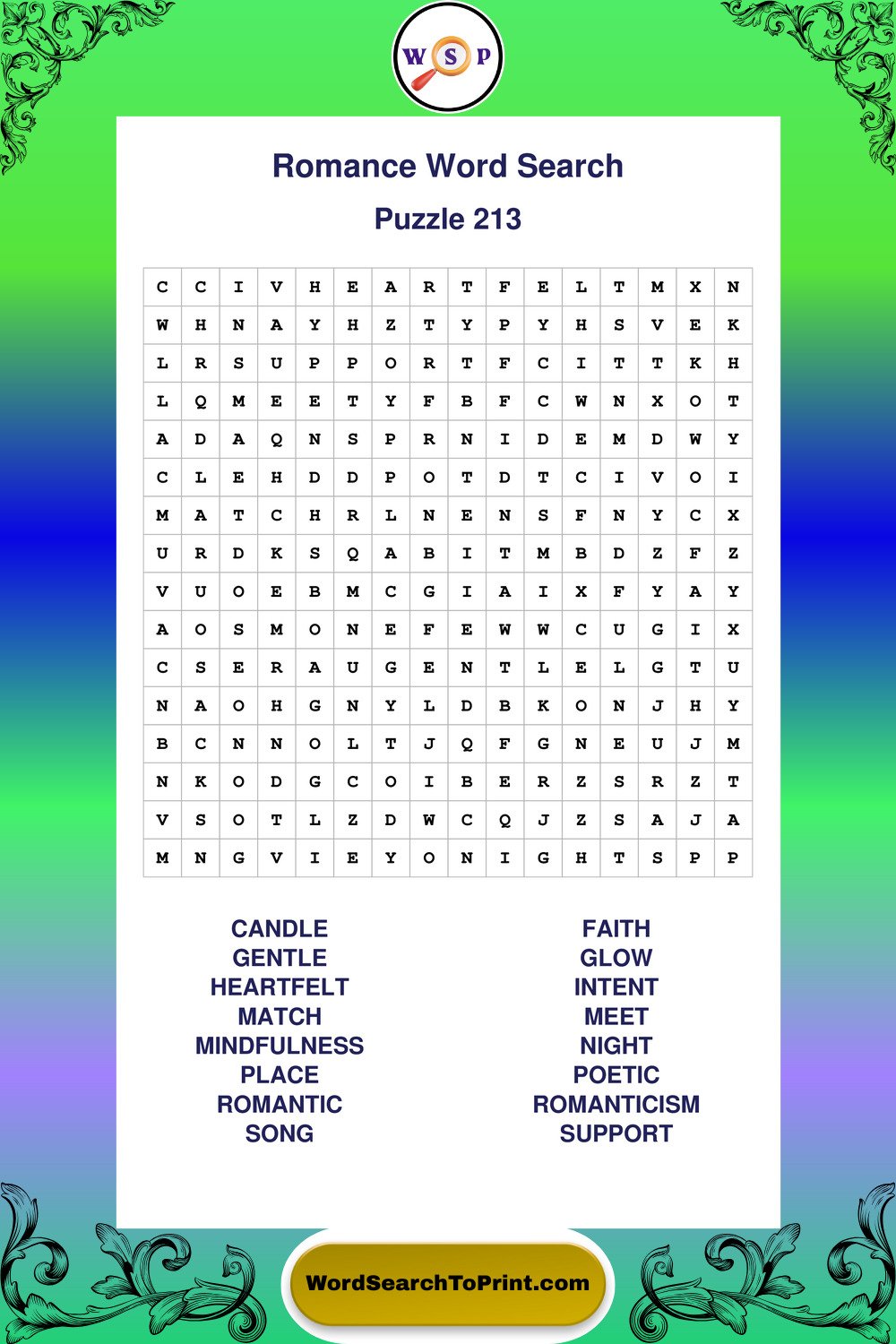Romance Word Search Puzzle 213