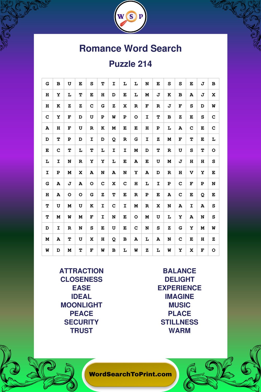 Romance Word Search Puzzle 214