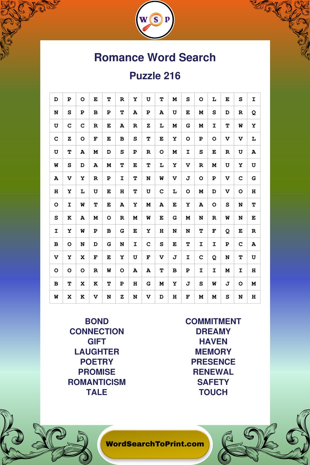 Romance Word Search Puzzle 216