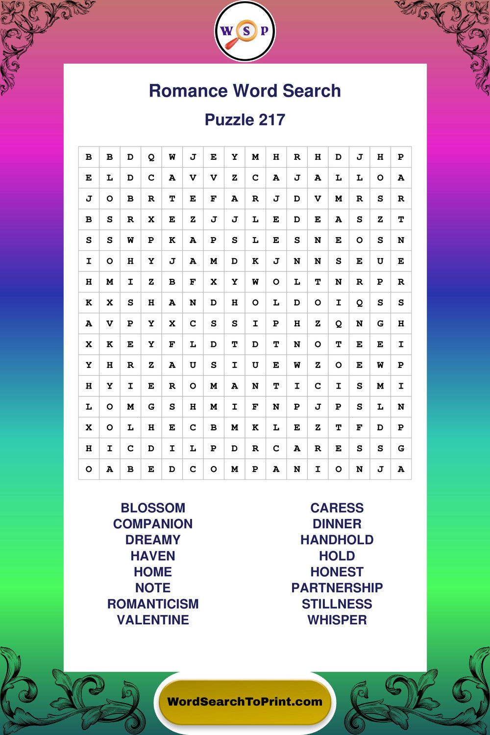 Romance Word Search Puzzle 217