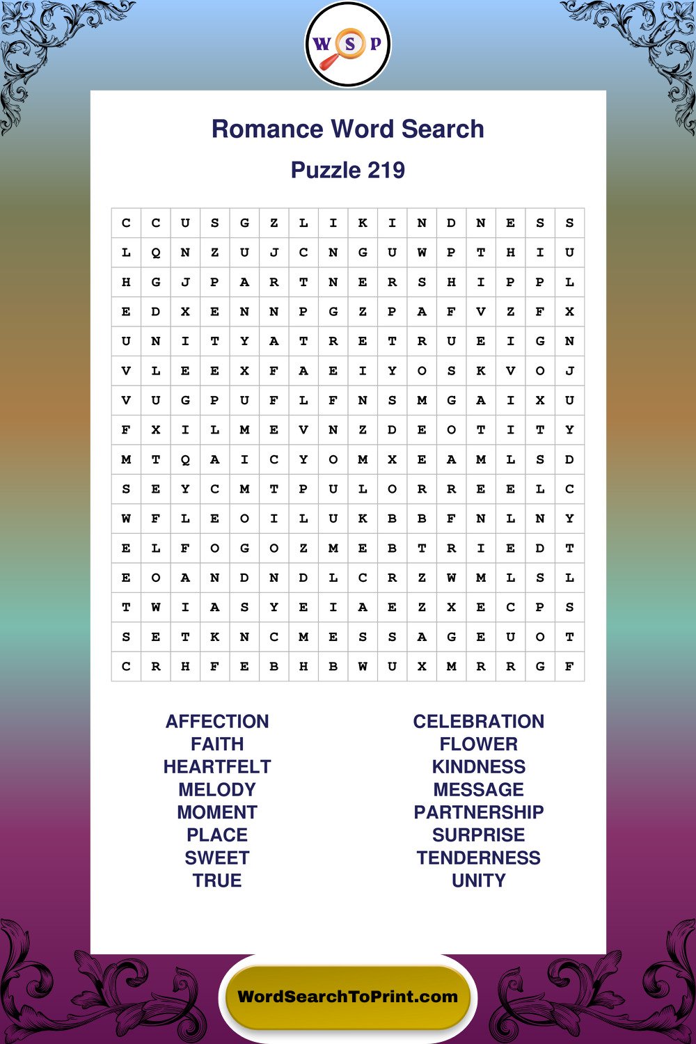 Romance Word Search Puzzle 219