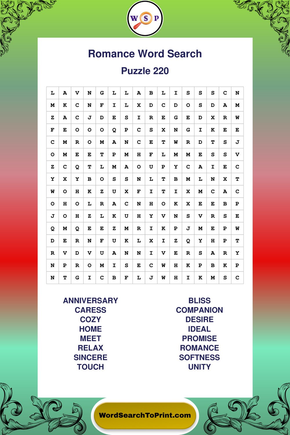 Romance Word Search Puzzle 220