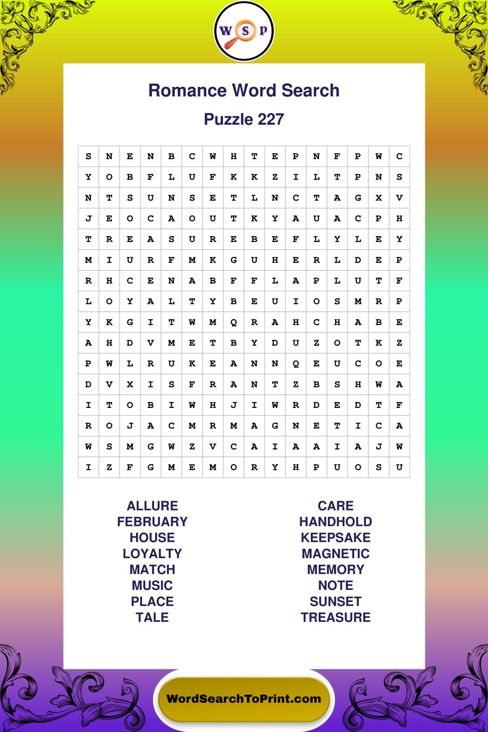 Romance Word Search Puzzle 227
