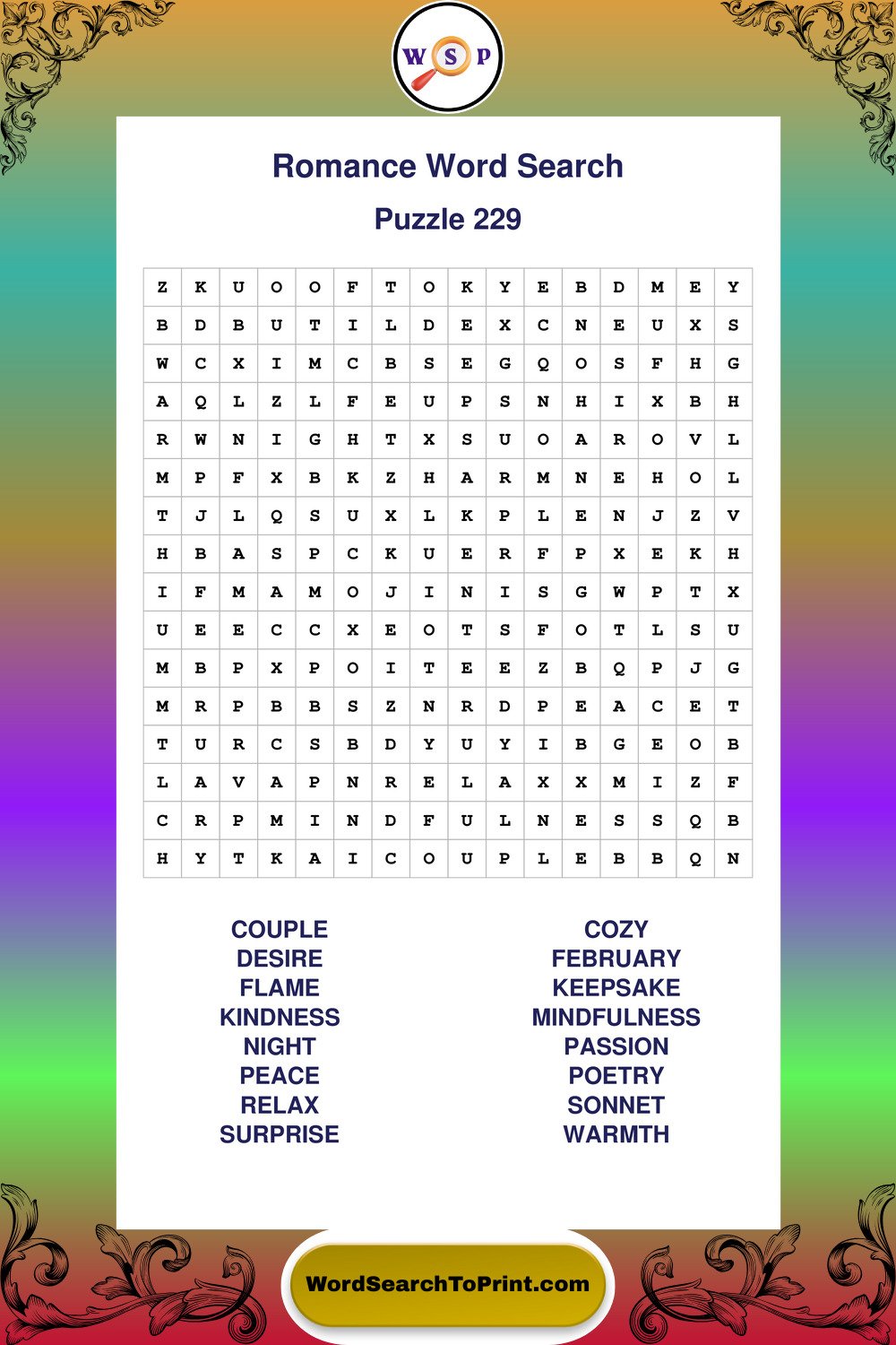 Romance Word Search Puzzle 229