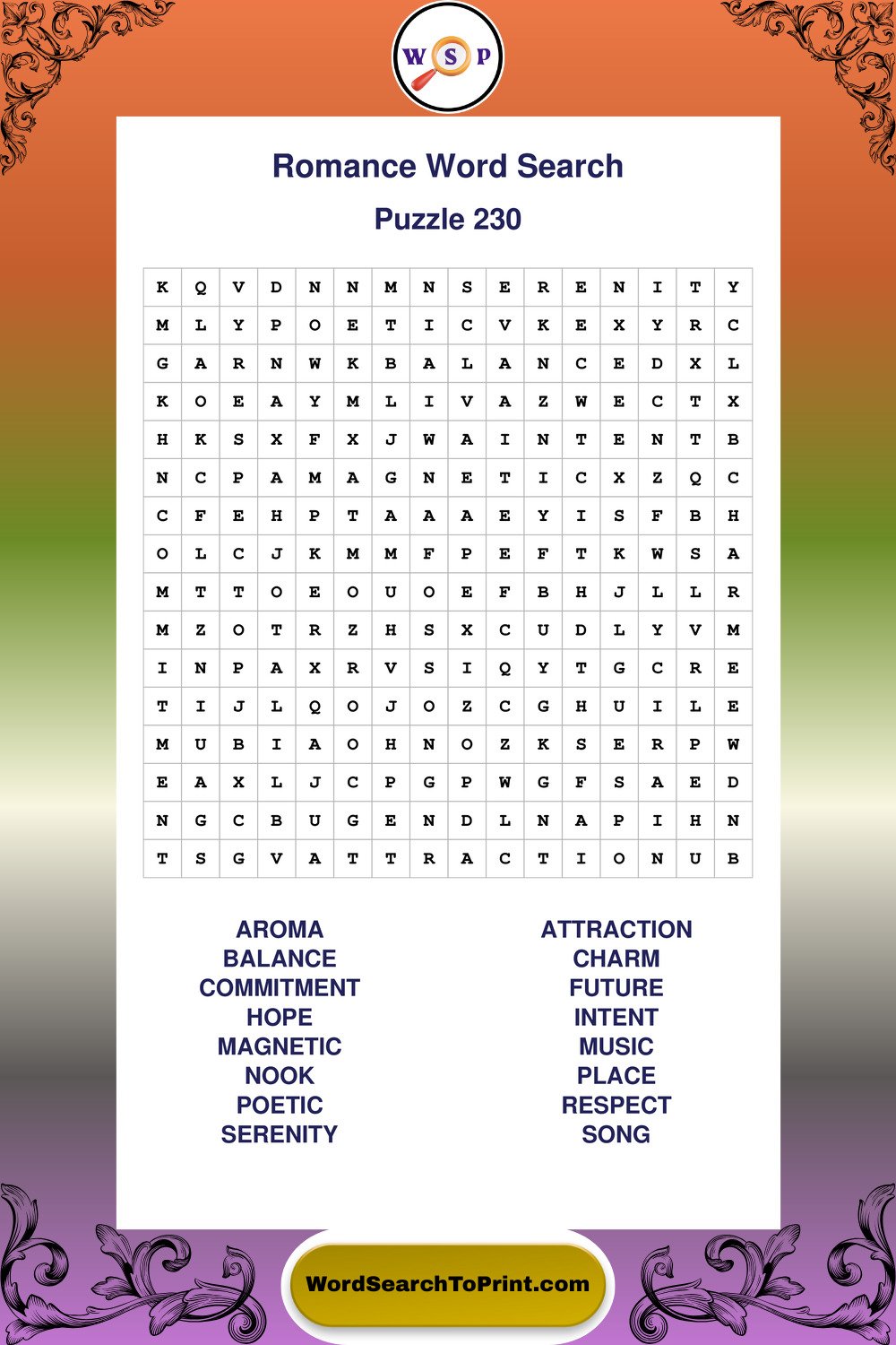 Romance Word Search Puzzle 230