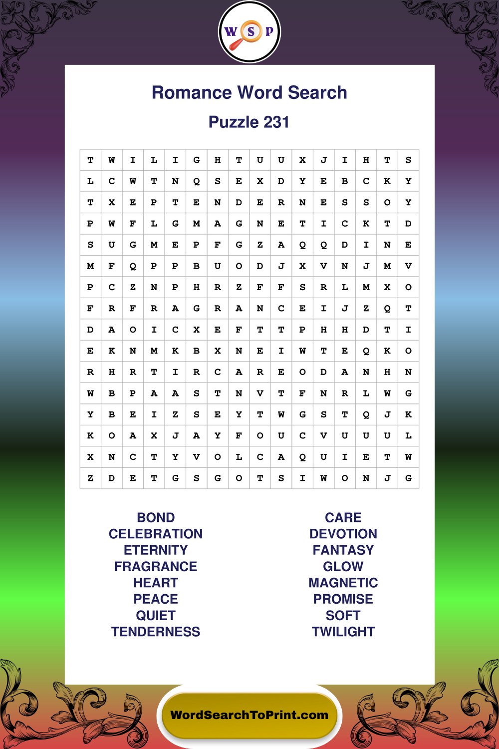 Romance Word Search Puzzle 231