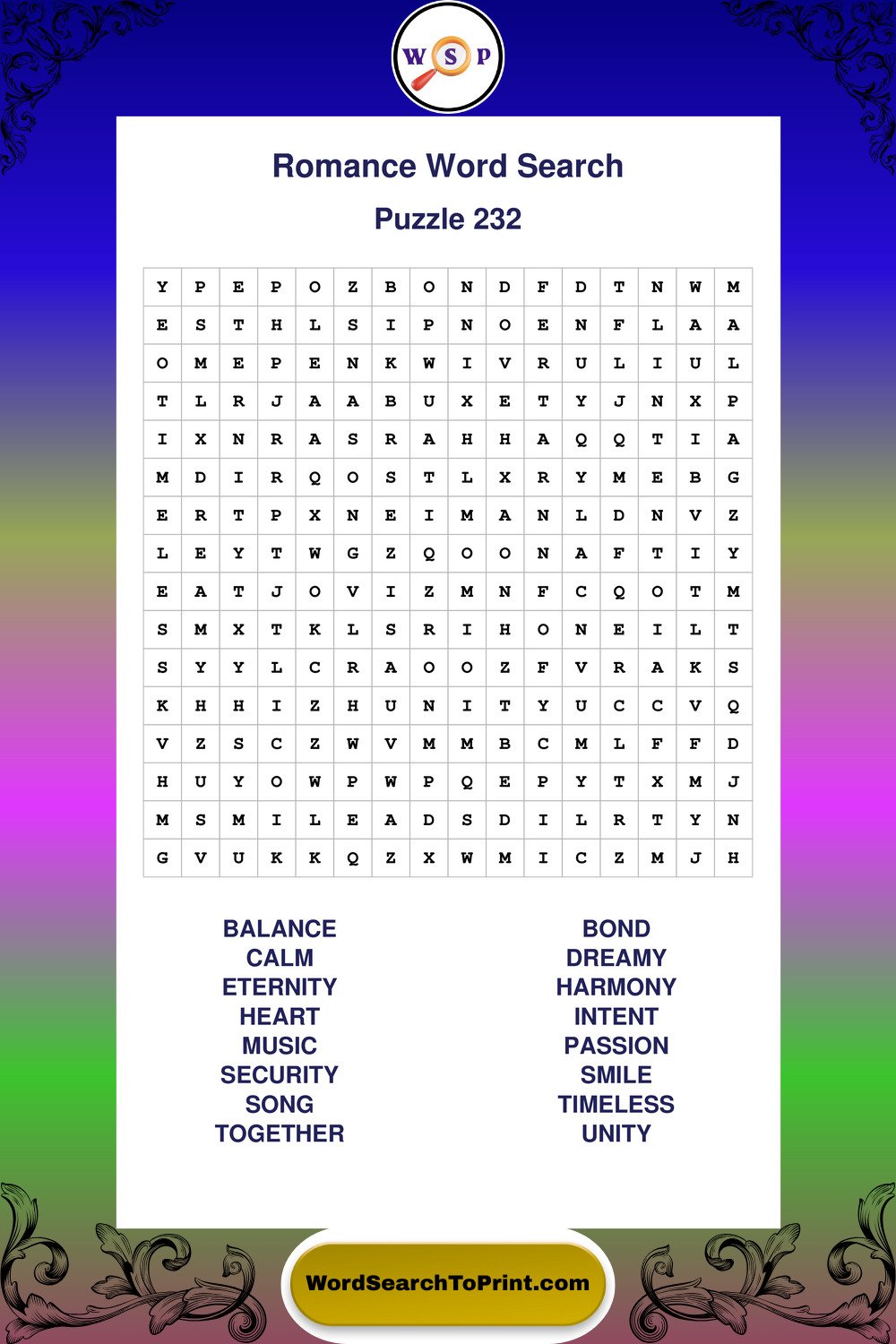 Romance Word Search Puzzle 232
