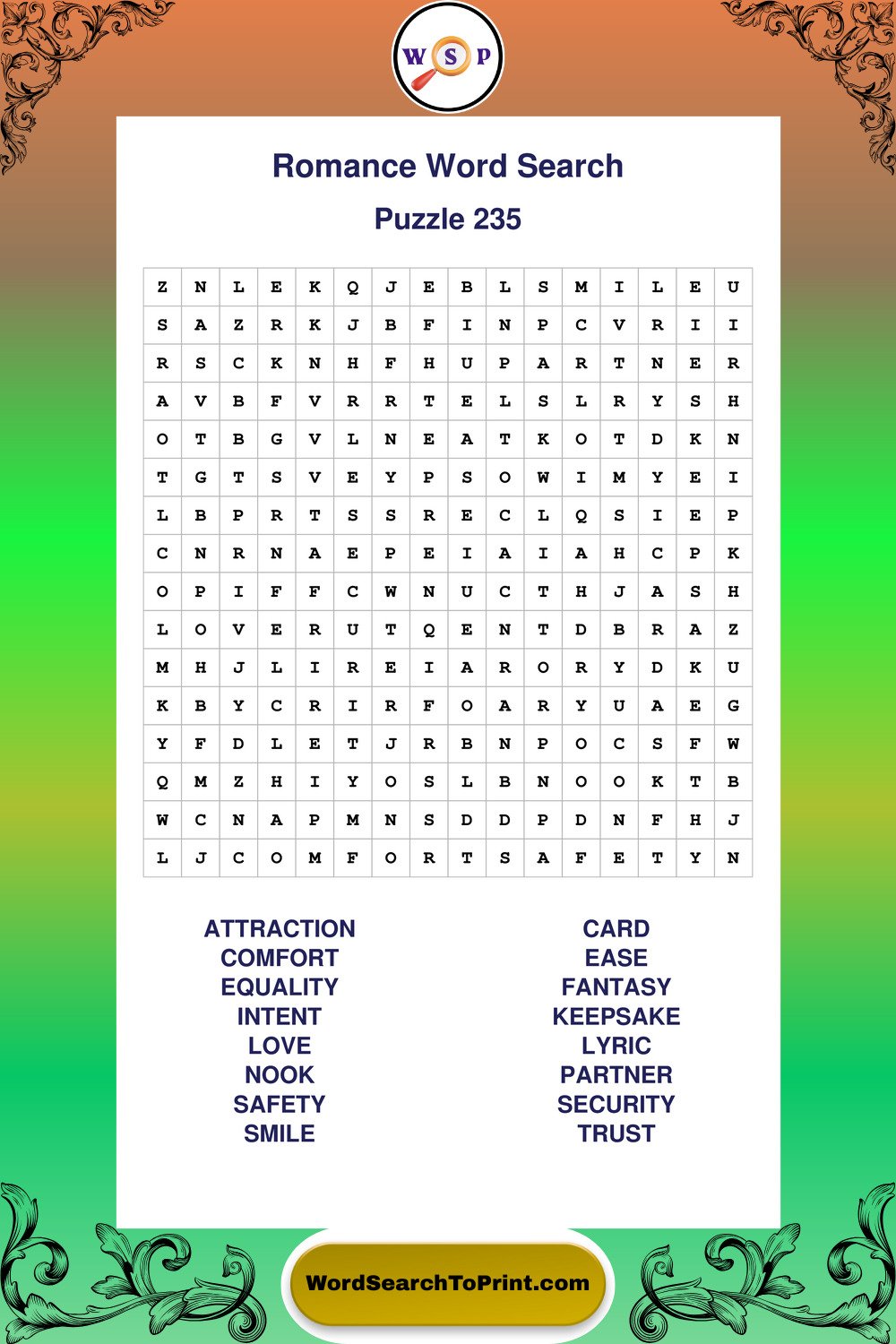 Romance Word Search Puzzle 235