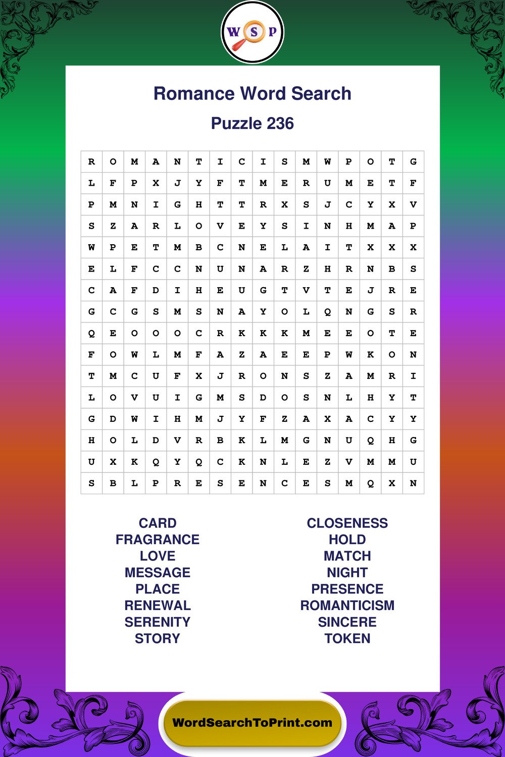 Romance Word Search Puzzle 236