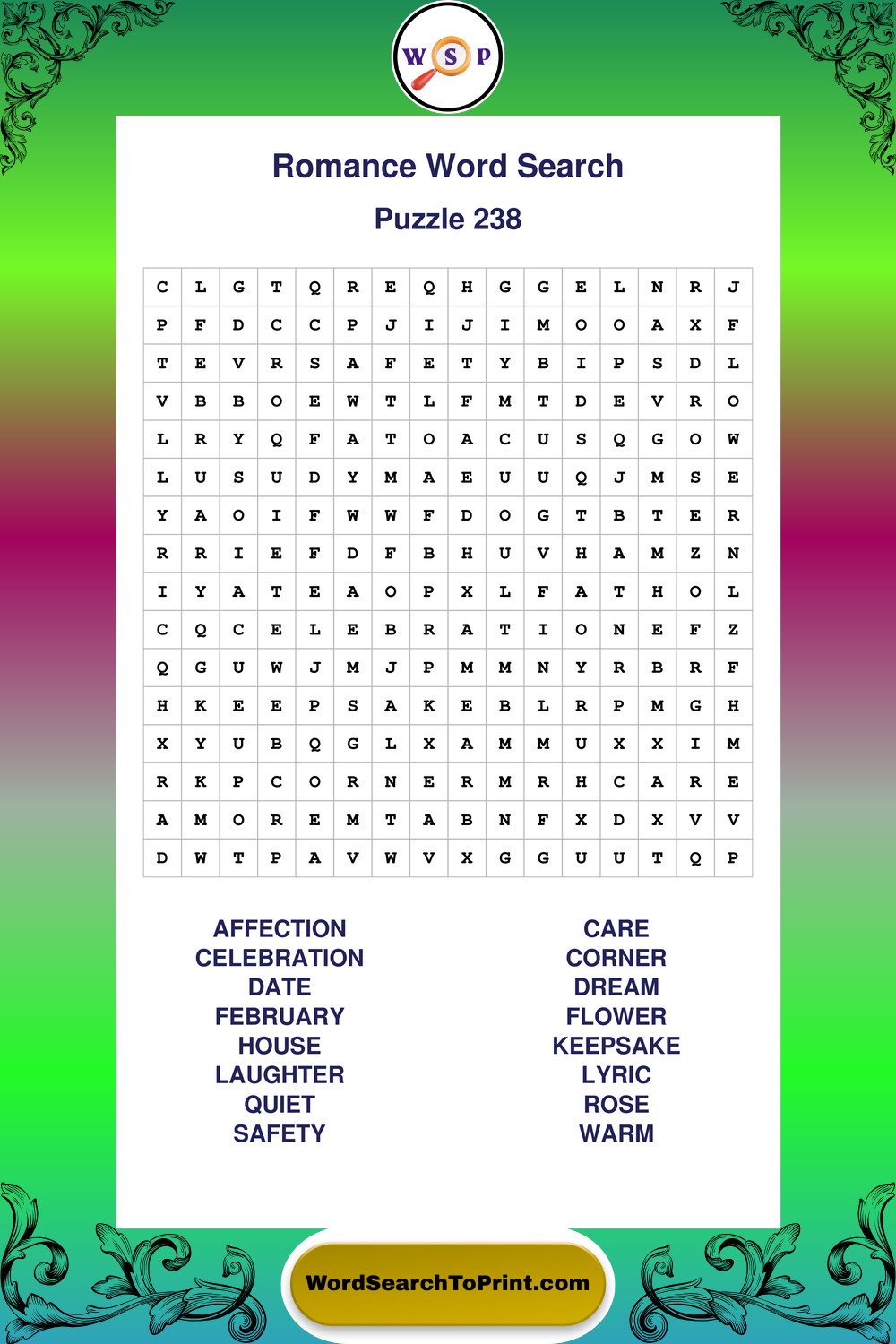 Romance Word Search Puzzle 238