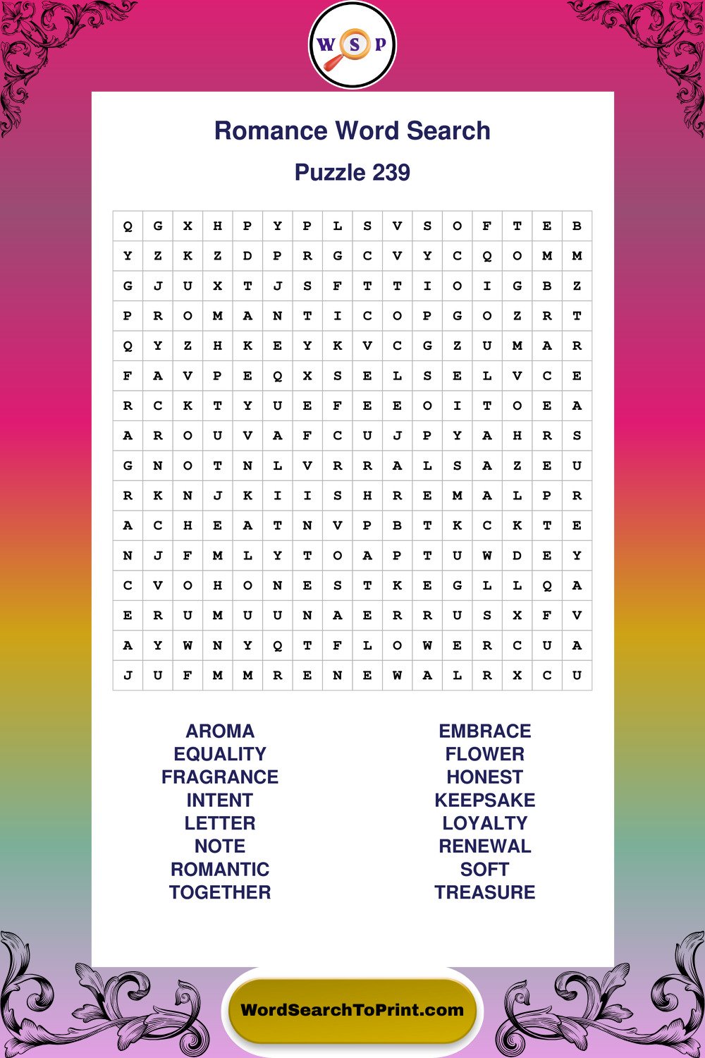 Romance Word Search Puzzle 239