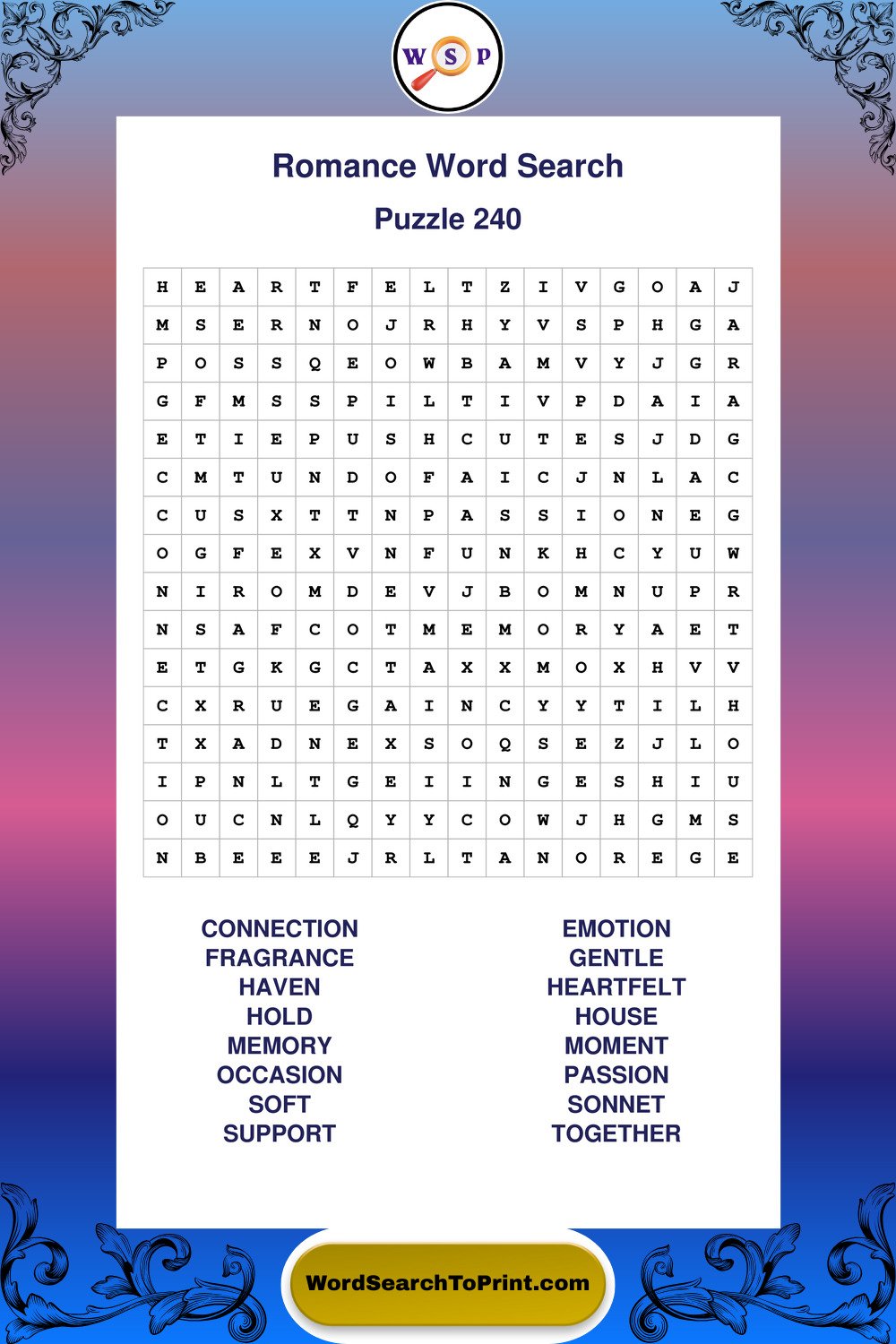Romance Word Search Puzzle 240