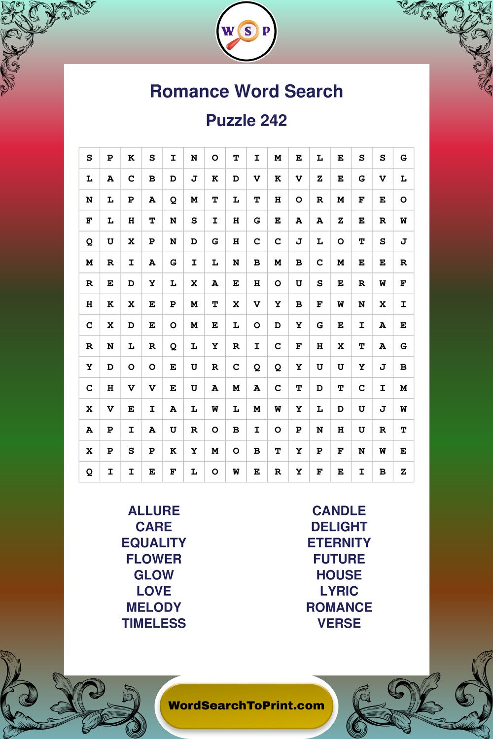 Romance Word Search Puzzle 242