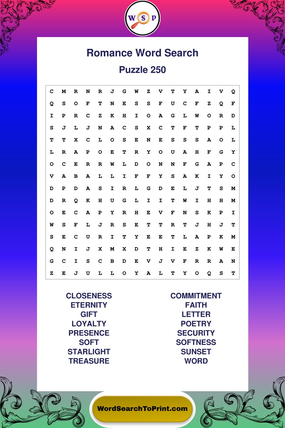 Romance Word Search Puzzle 250
