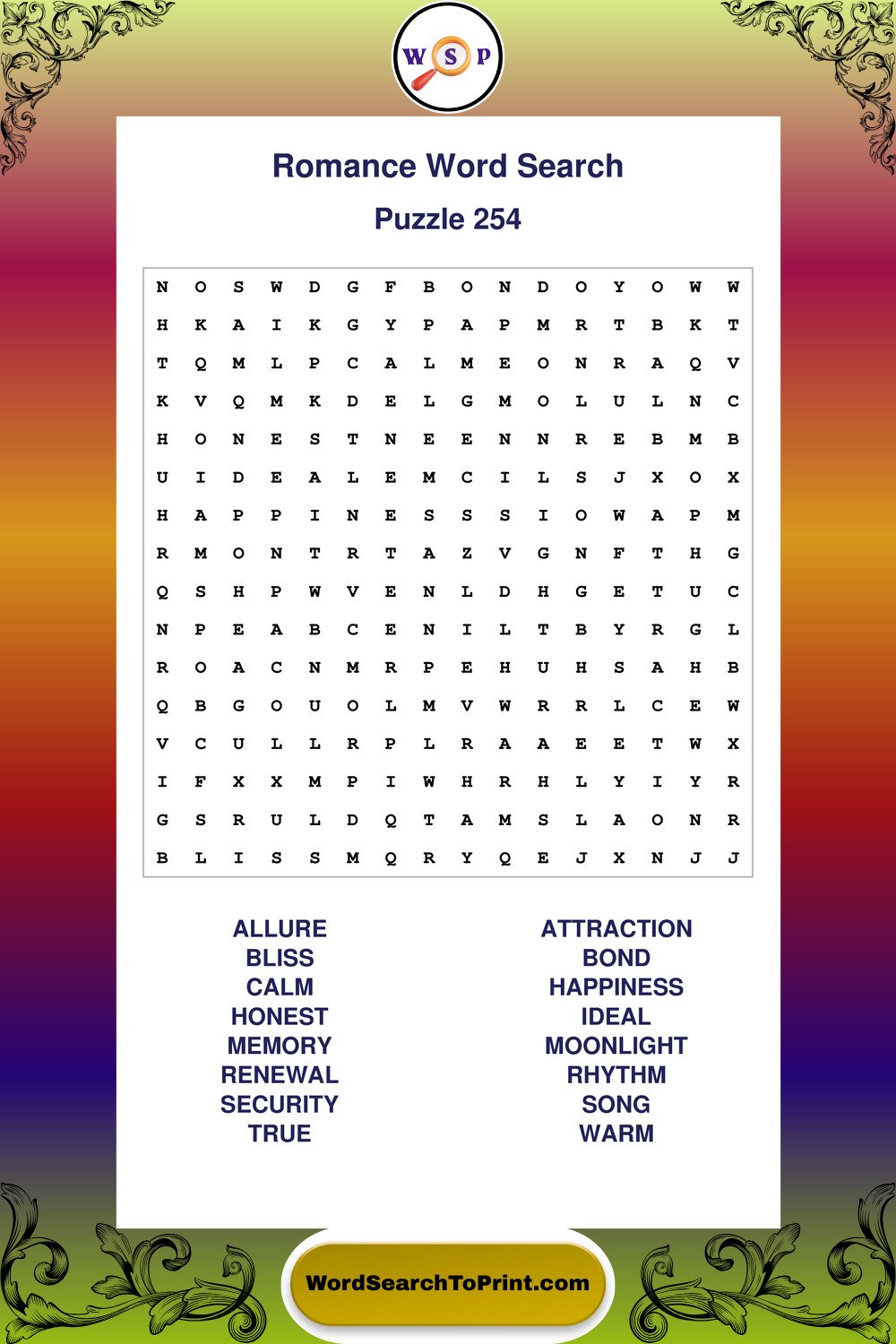 Romance Word Search Puzzle 254