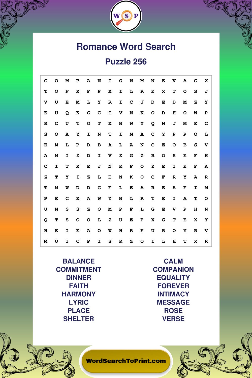 Romance Word Search Puzzle 256