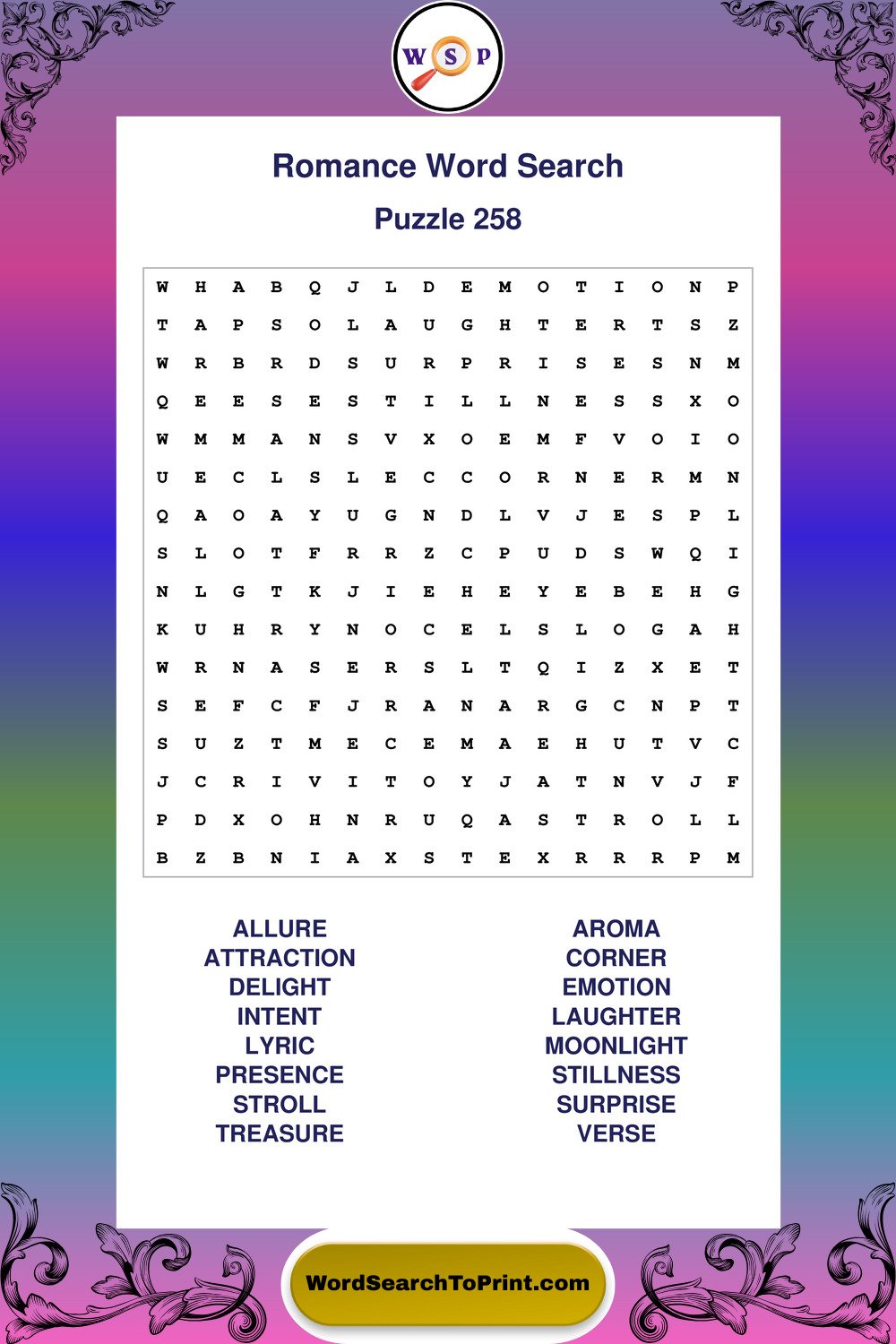 Romance Word Search Puzzle 258