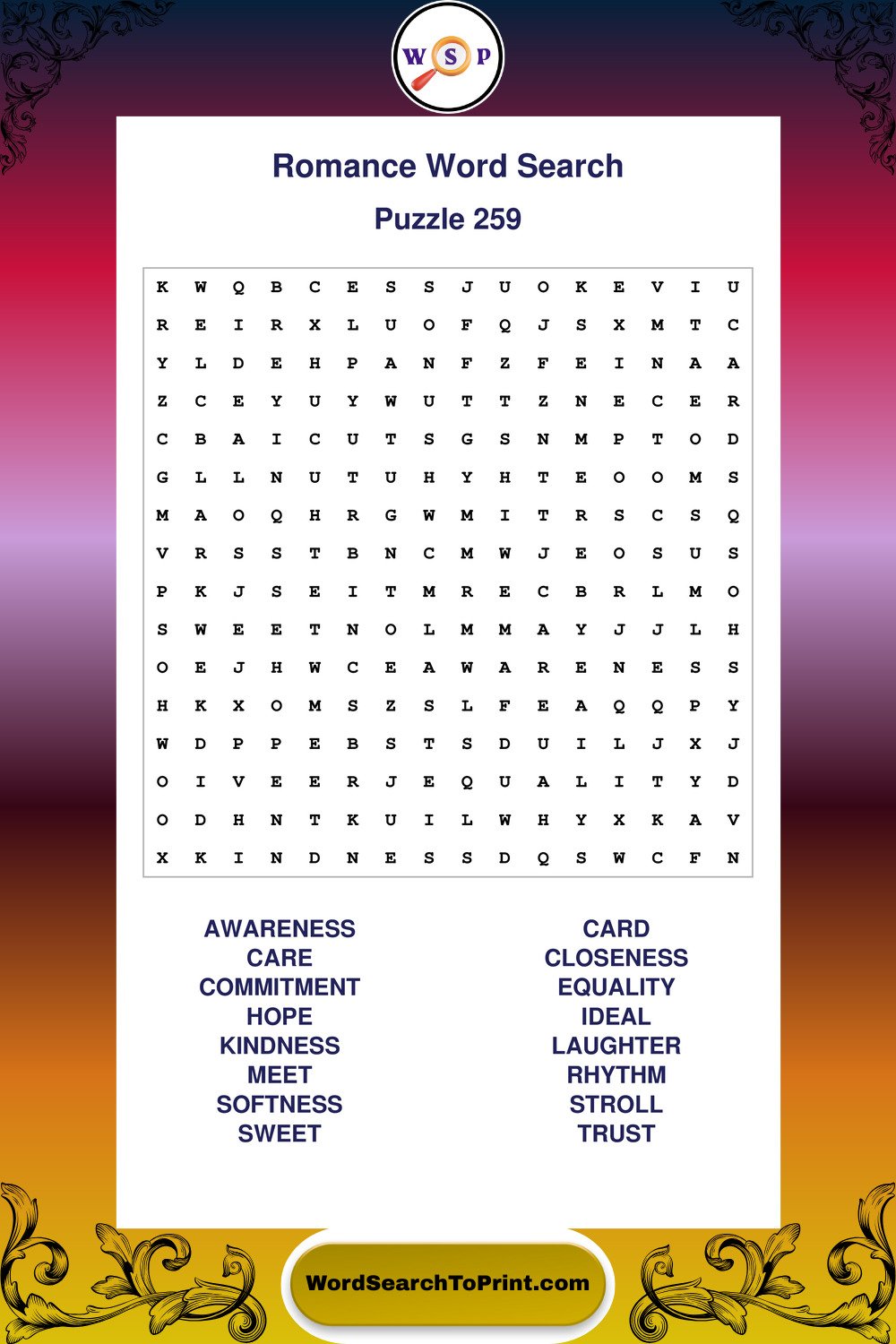 Romance Word Search Puzzle 259