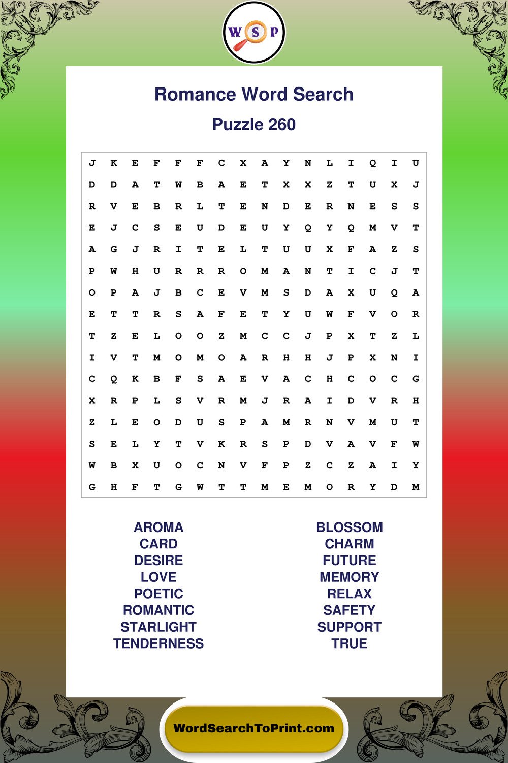 Romance Word Search Puzzle 260