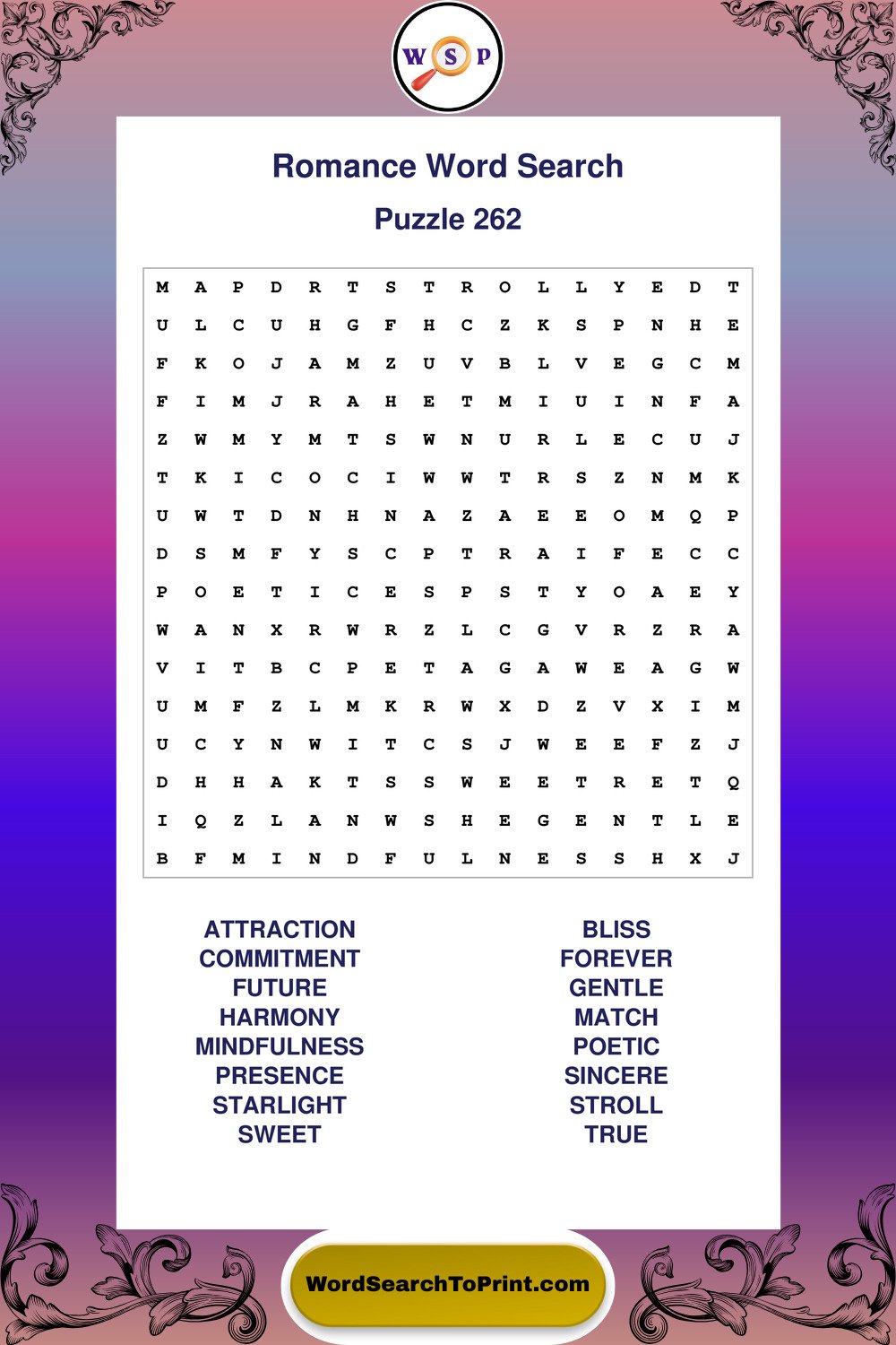 Romance Word Search Puzzle 262