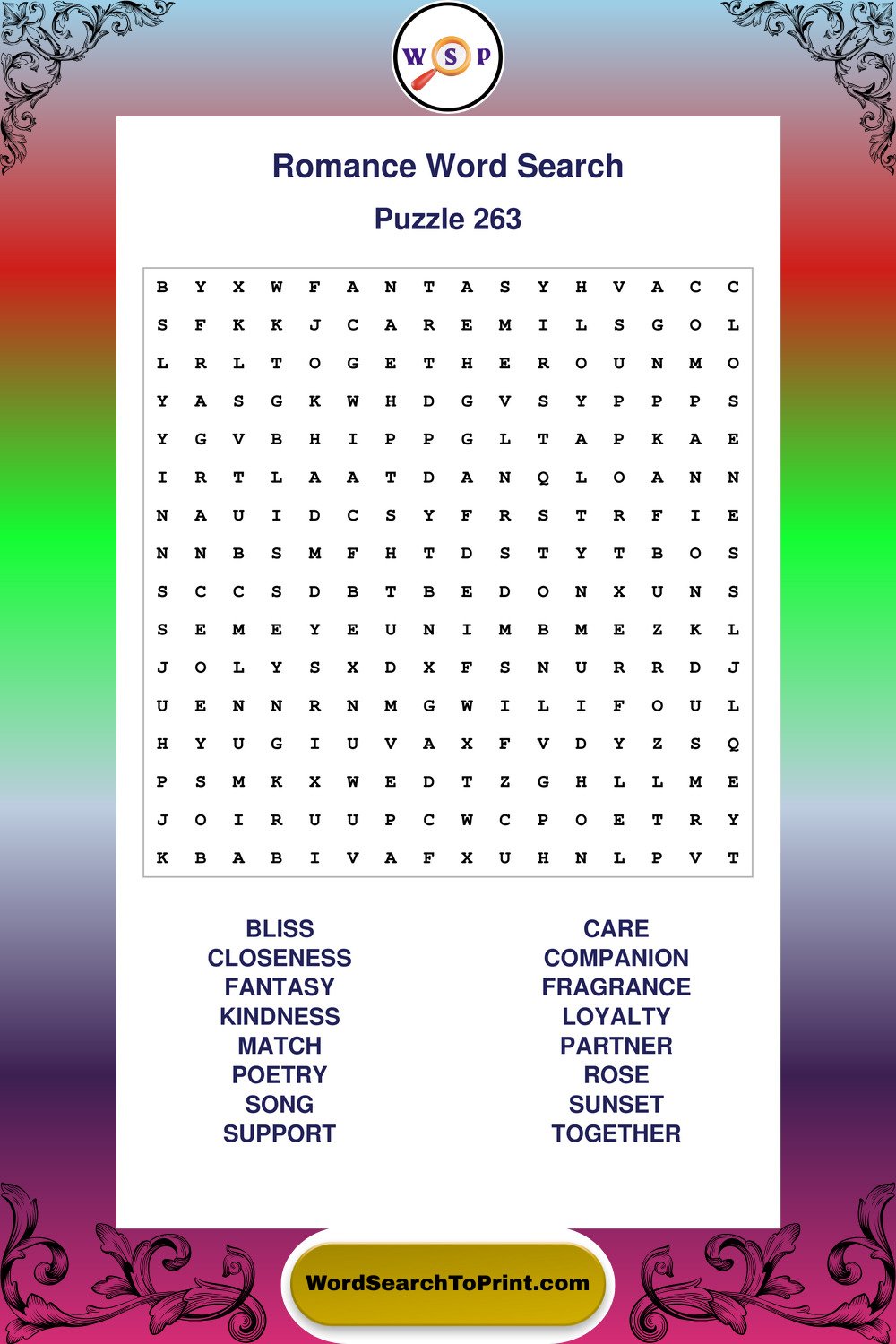 Romance Word Search Puzzle 263