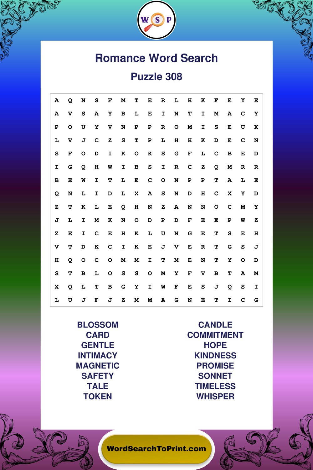 Romance Word Search Puzzle 308