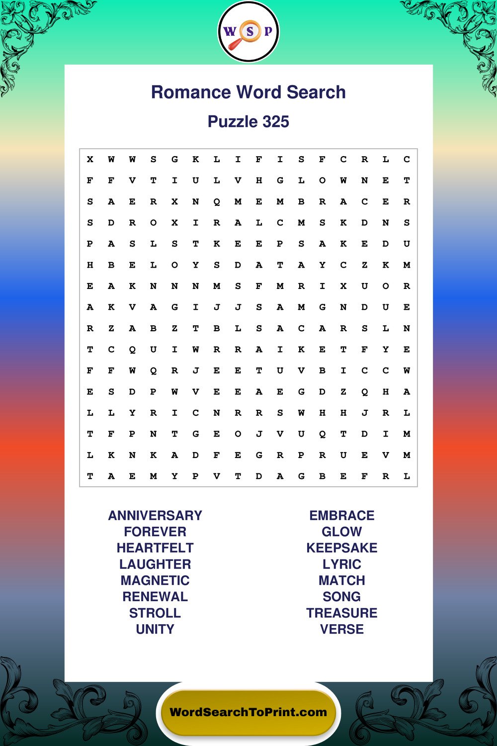 Romance Word Search Puzzle 325