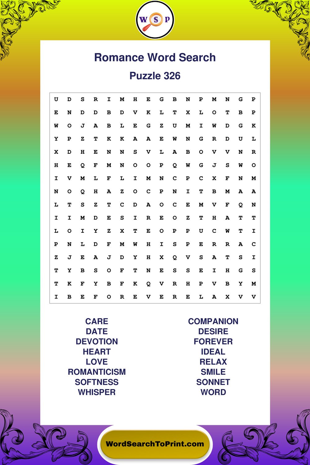 Romance Word Search Puzzle 326