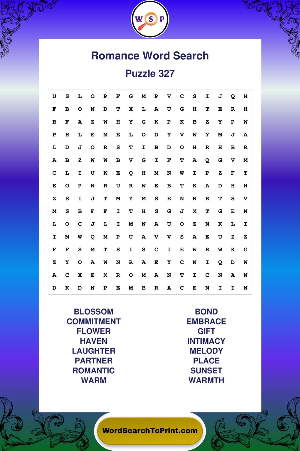 Romance Word Search Puzzle 327