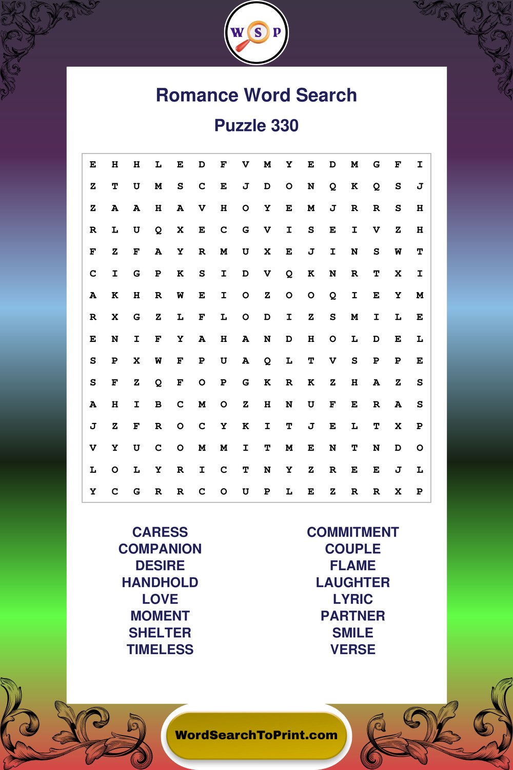 Romance Word Search Puzzle 330