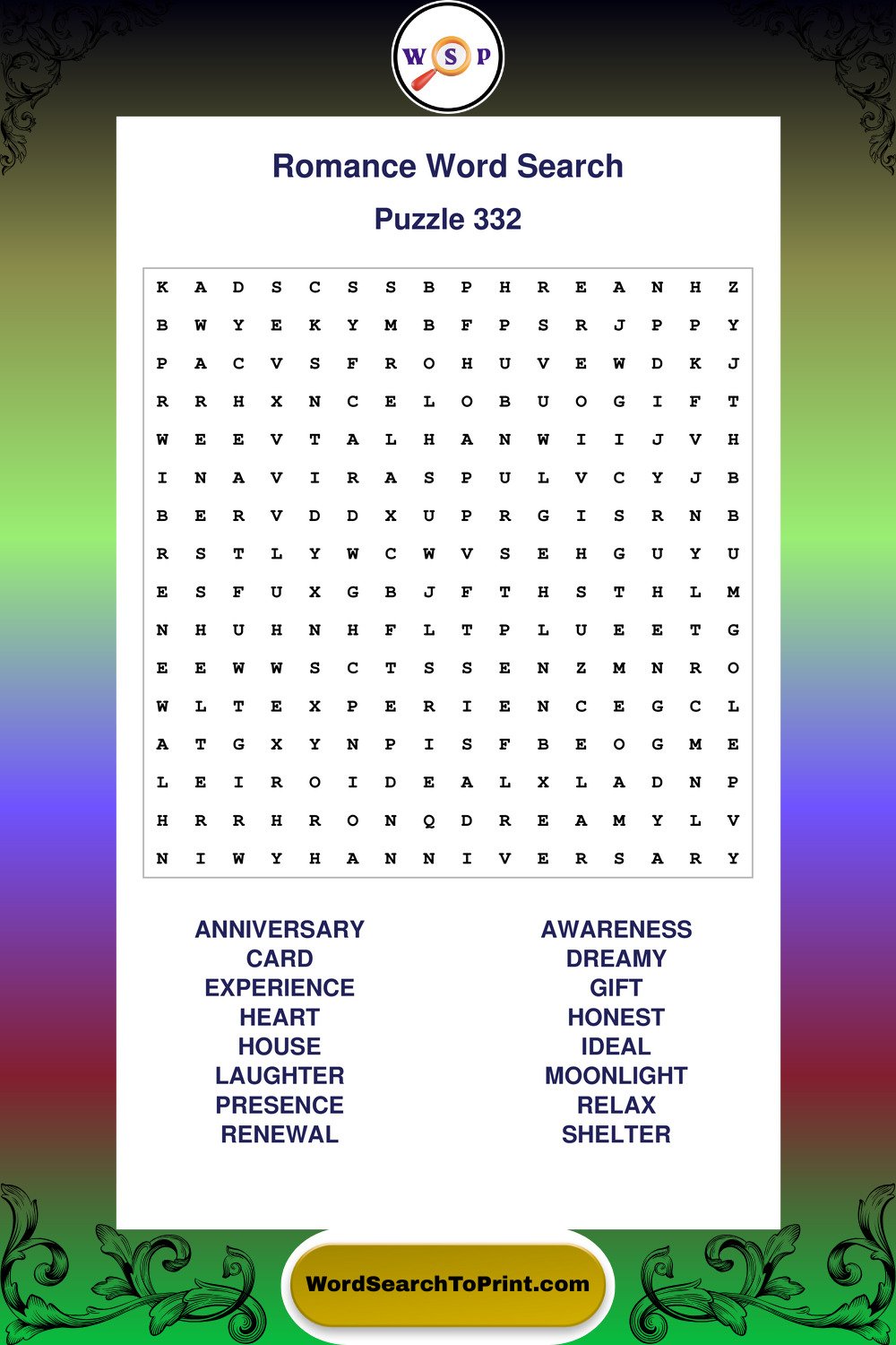 Romance Word Search Puzzle 332