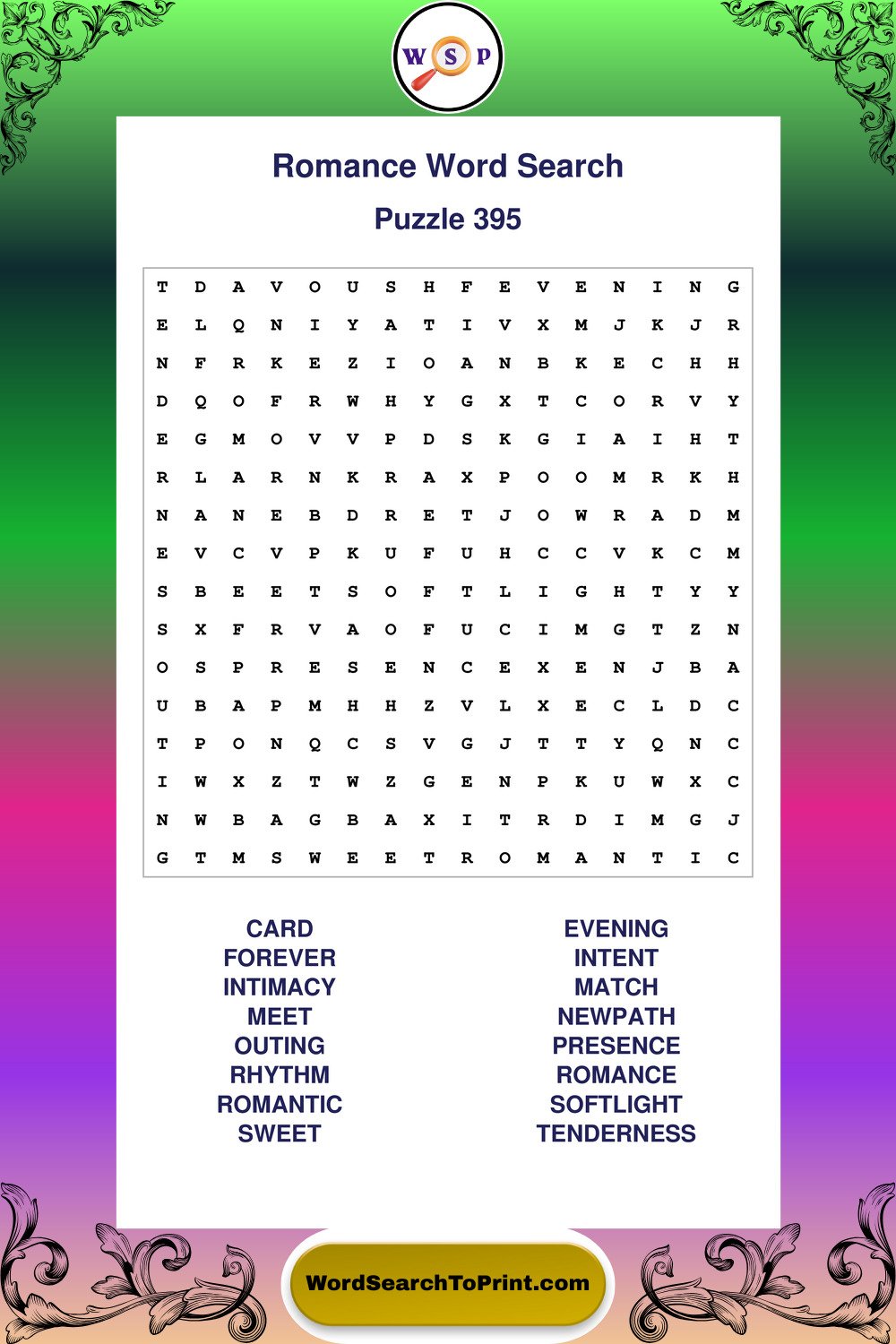 Romance Word Search Puzzle 395