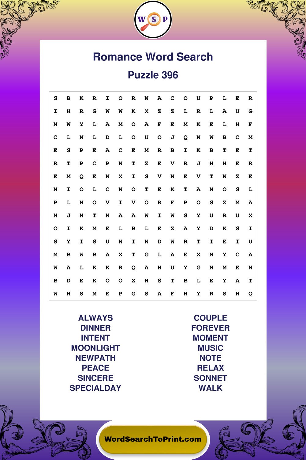 Romance Word Search Puzzle 396