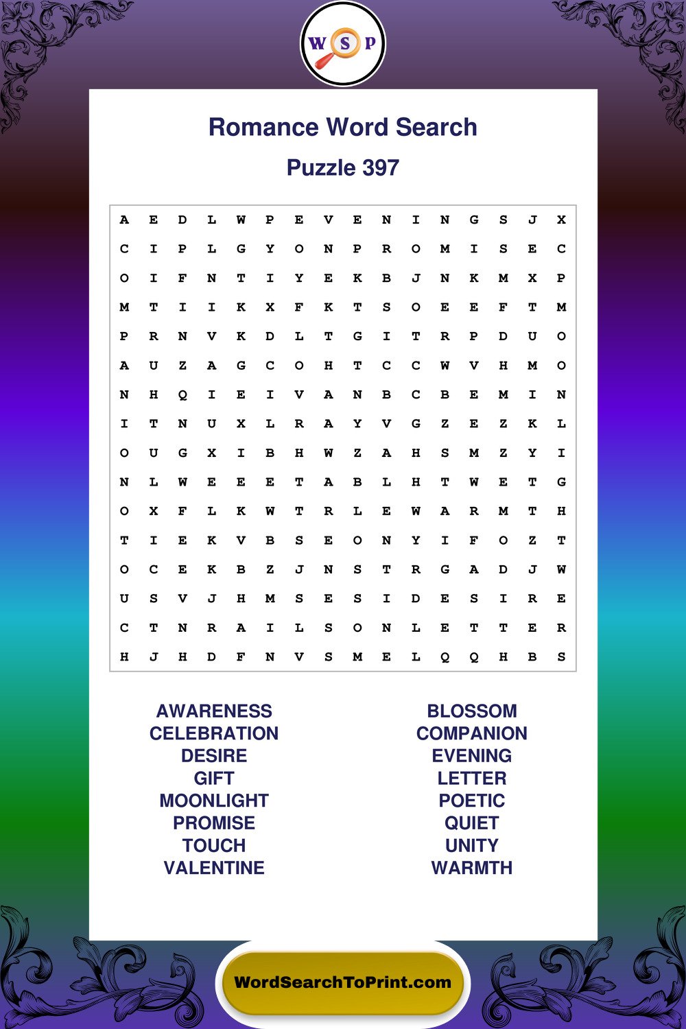 Romance Word Search Puzzle 397
