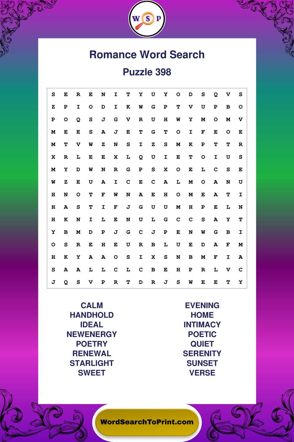 Romance Word Search Puzzle 398
