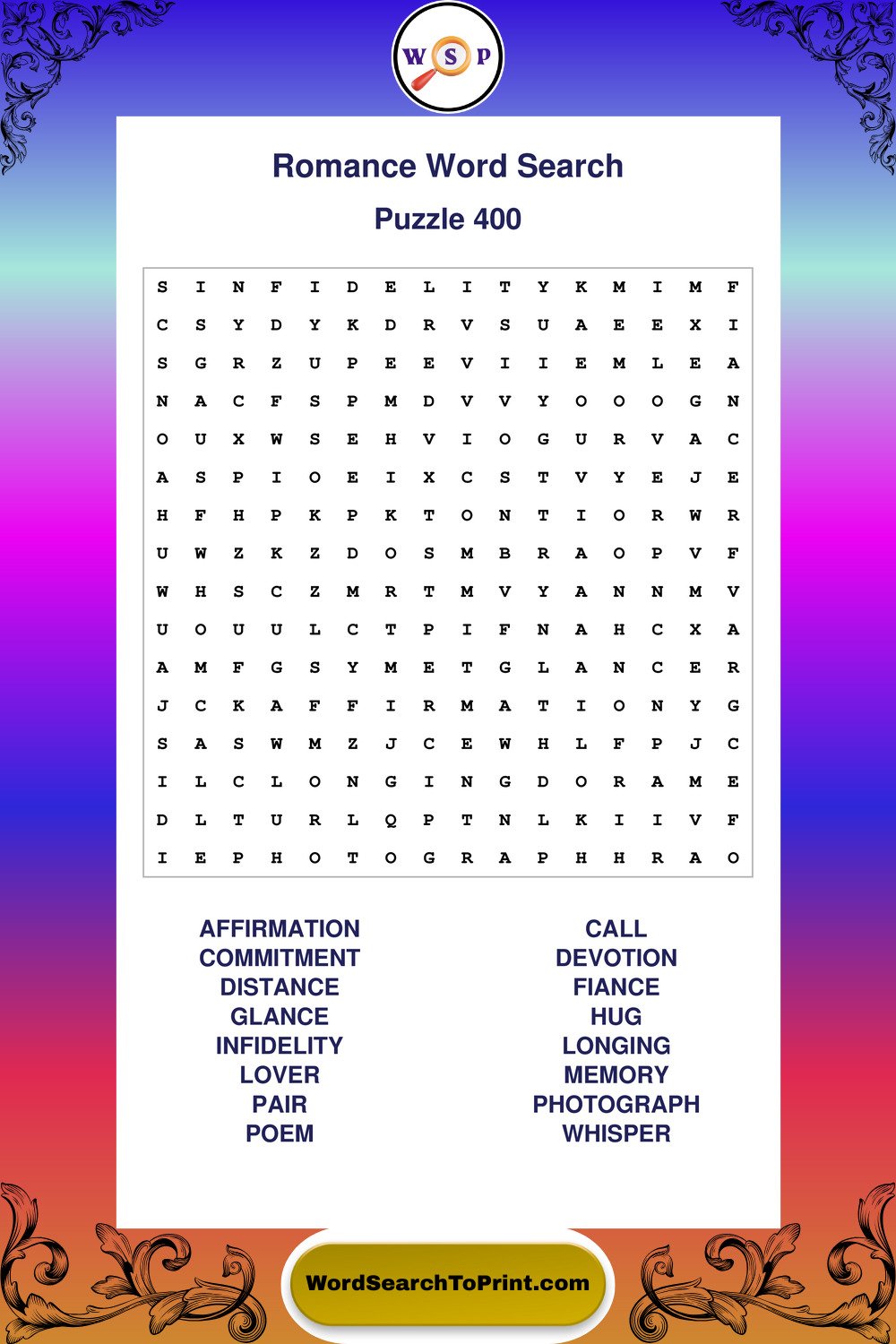 Romance Word Search Puzzle 400