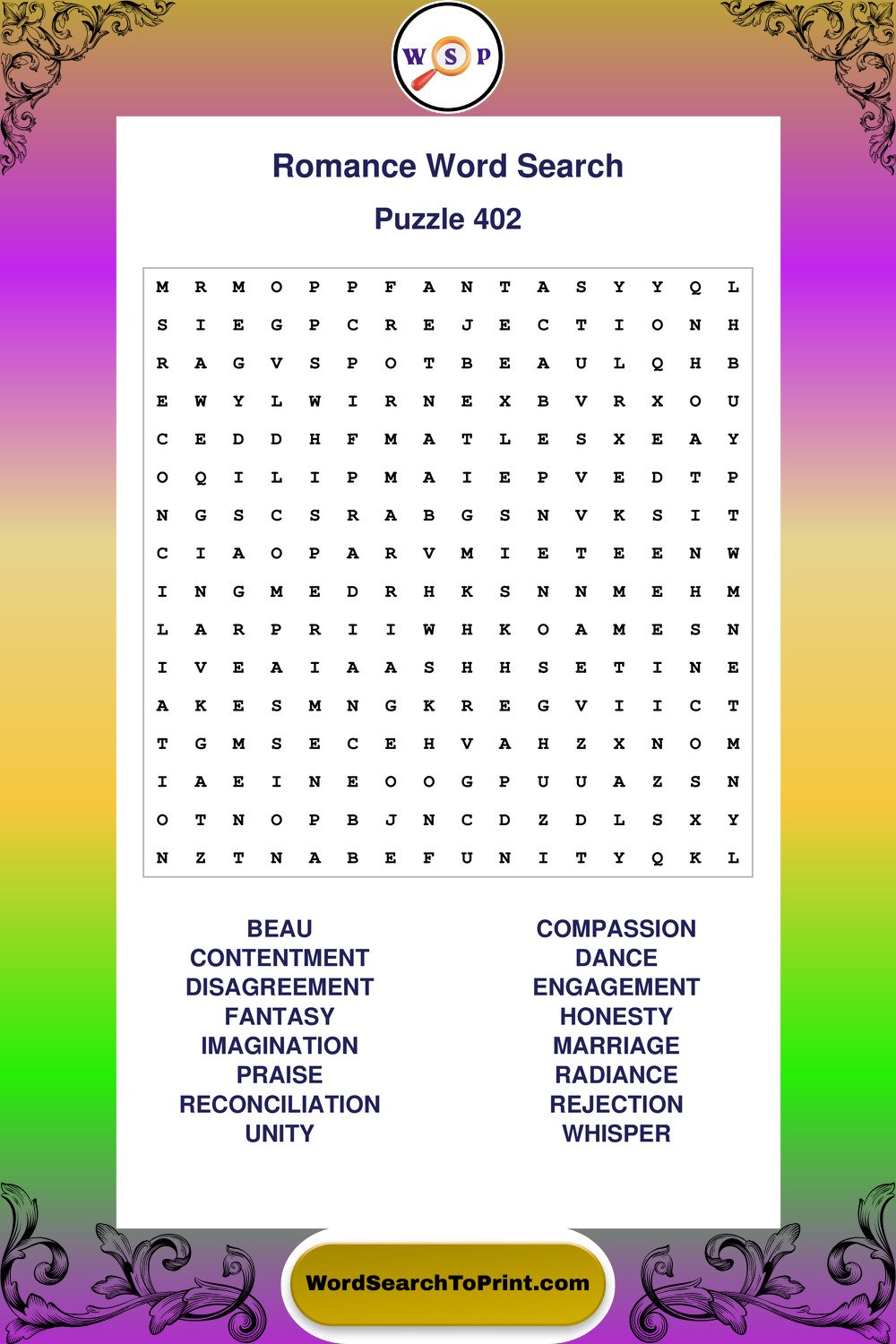 Romance Word Search Puzzle 402