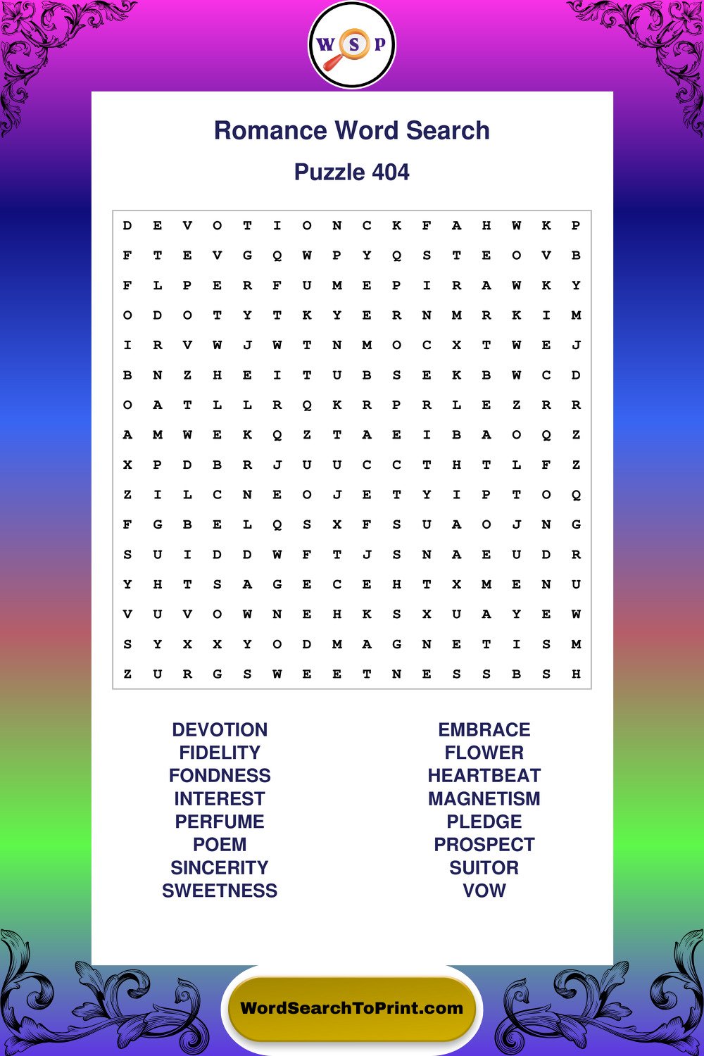 Romance Word Search Puzzle 404
