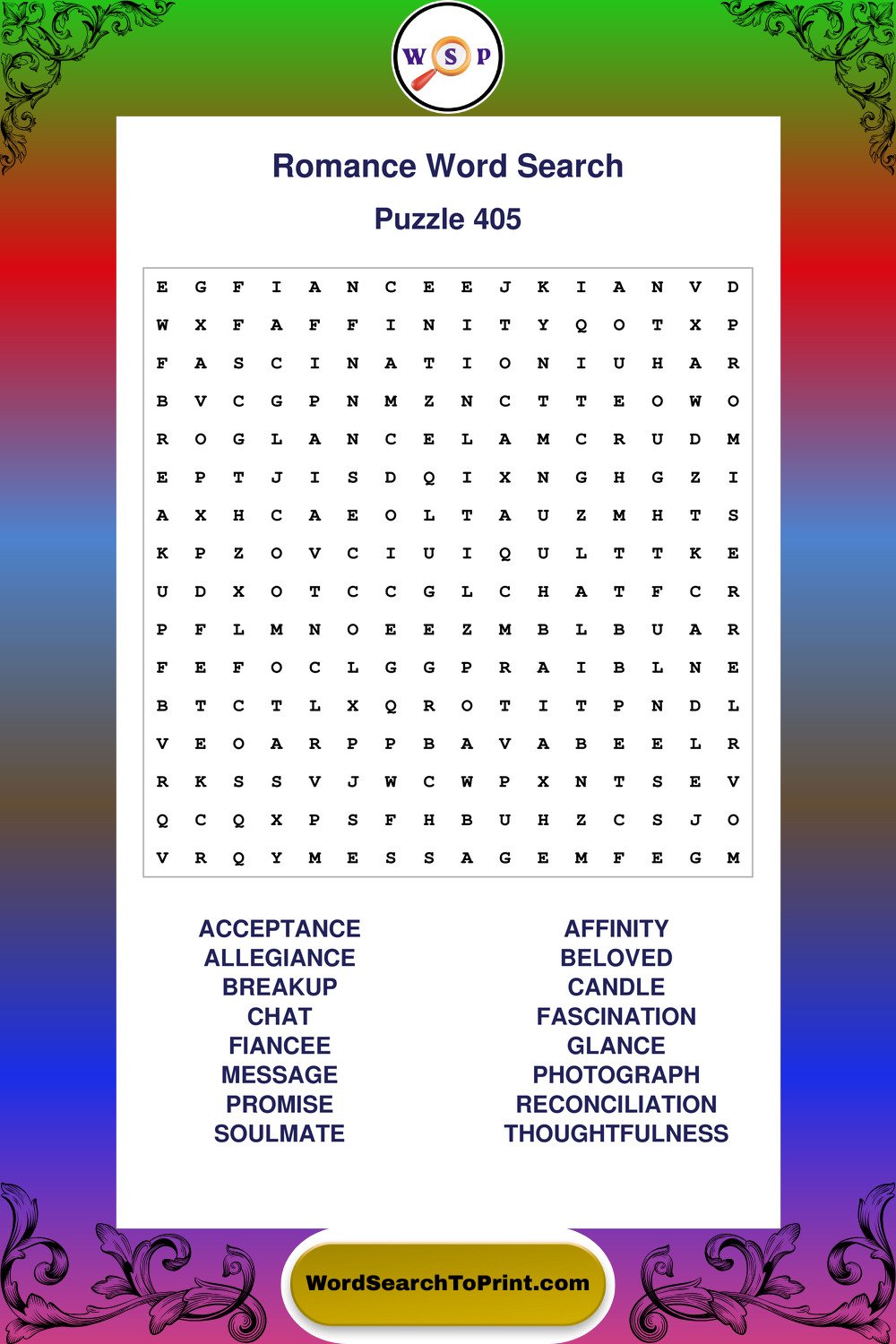 Romance Word Search Puzzle 405