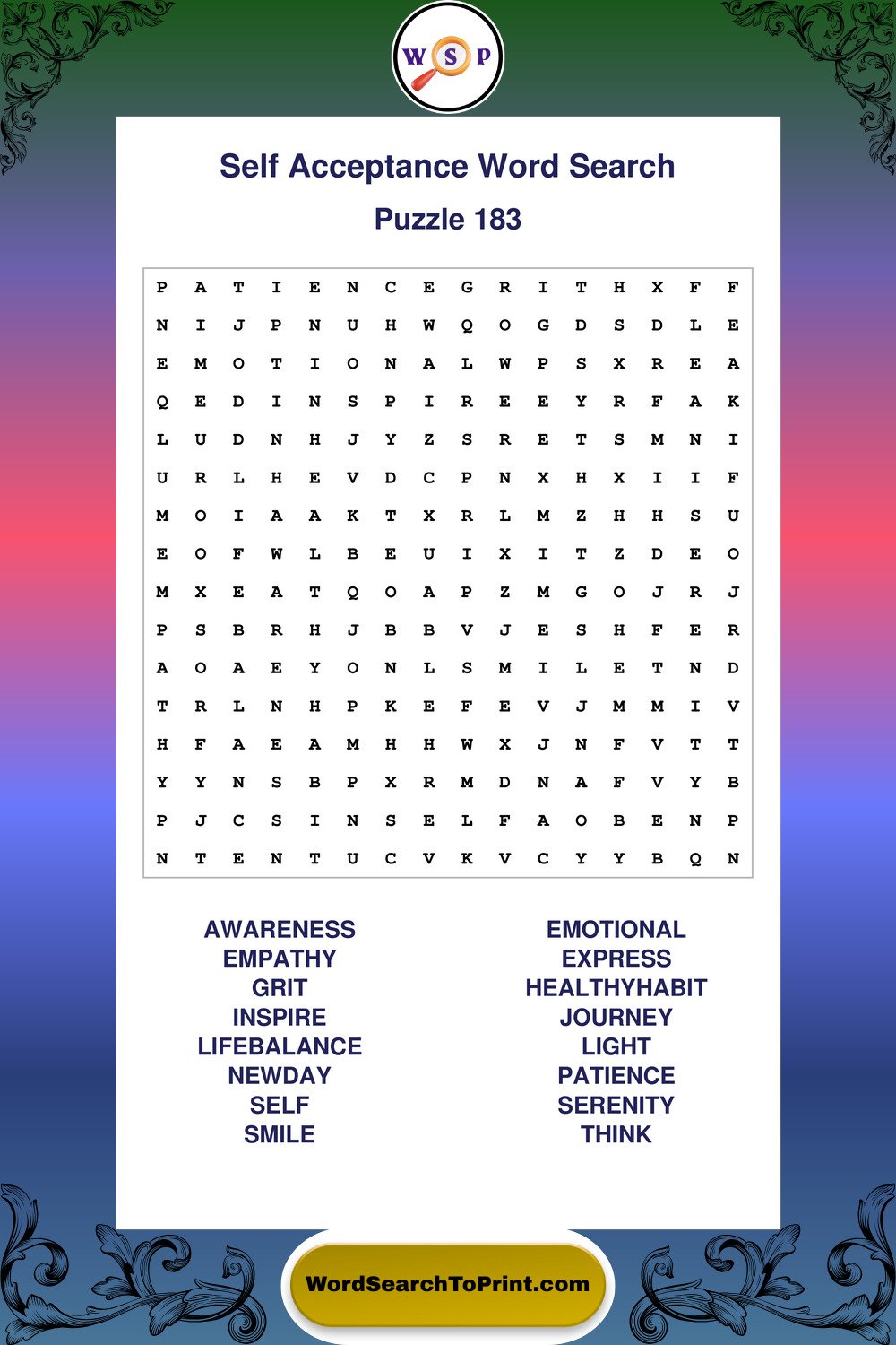 Self Acceptance Word Search Puzzle 183