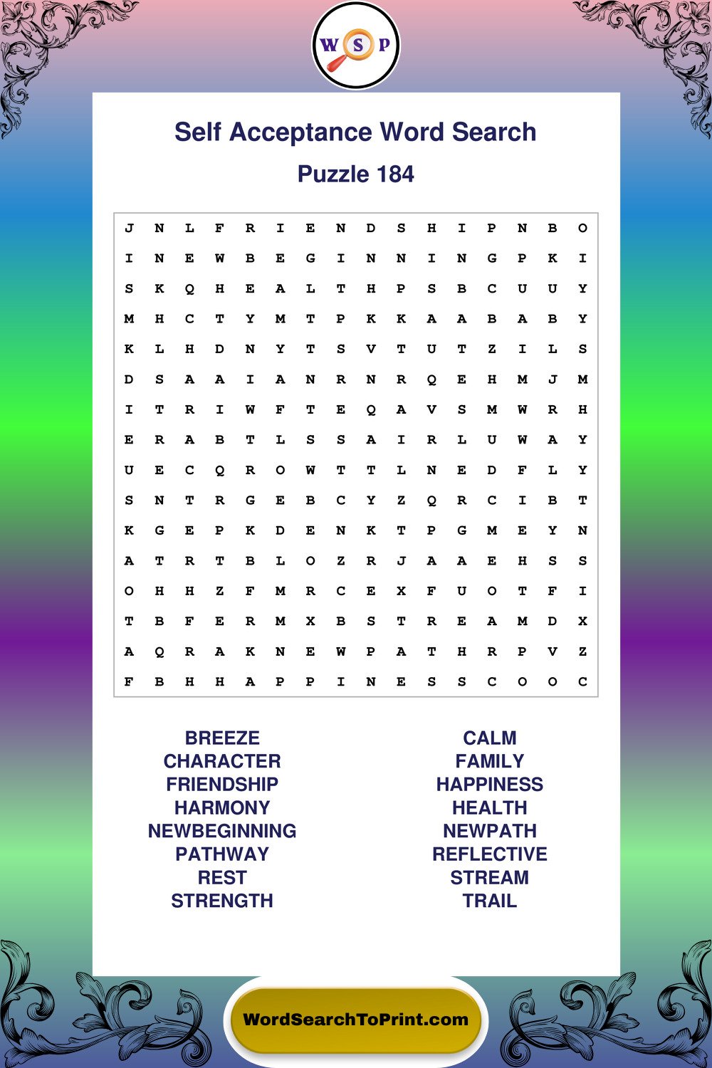 Self Acceptance Word Search Puzzle 184
