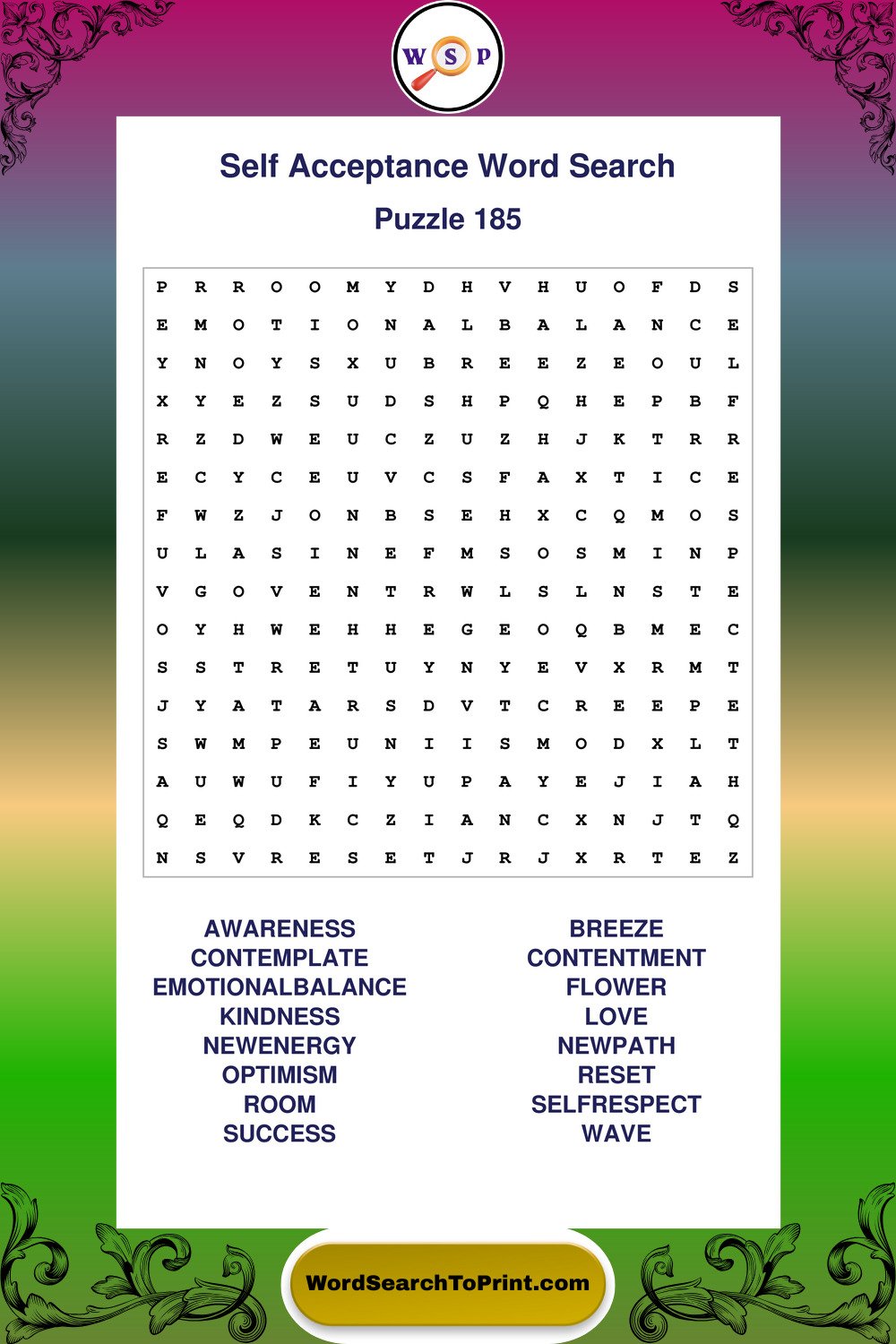 Self Acceptance Word Search Puzzle 185