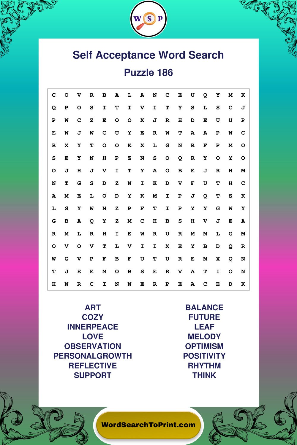 Self Acceptance Word Search Puzzle 186