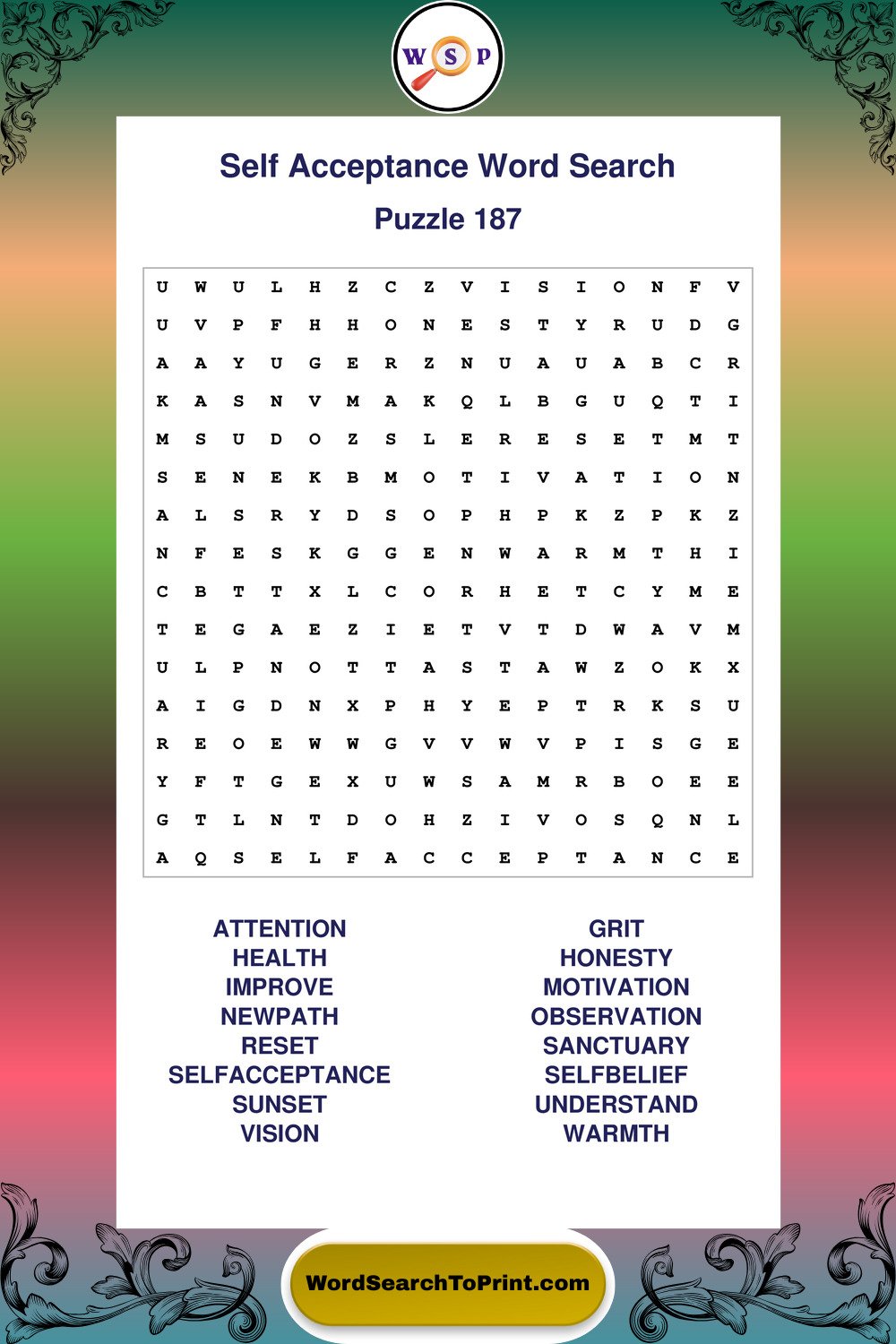 Self Acceptance Word Search Puzzle 187