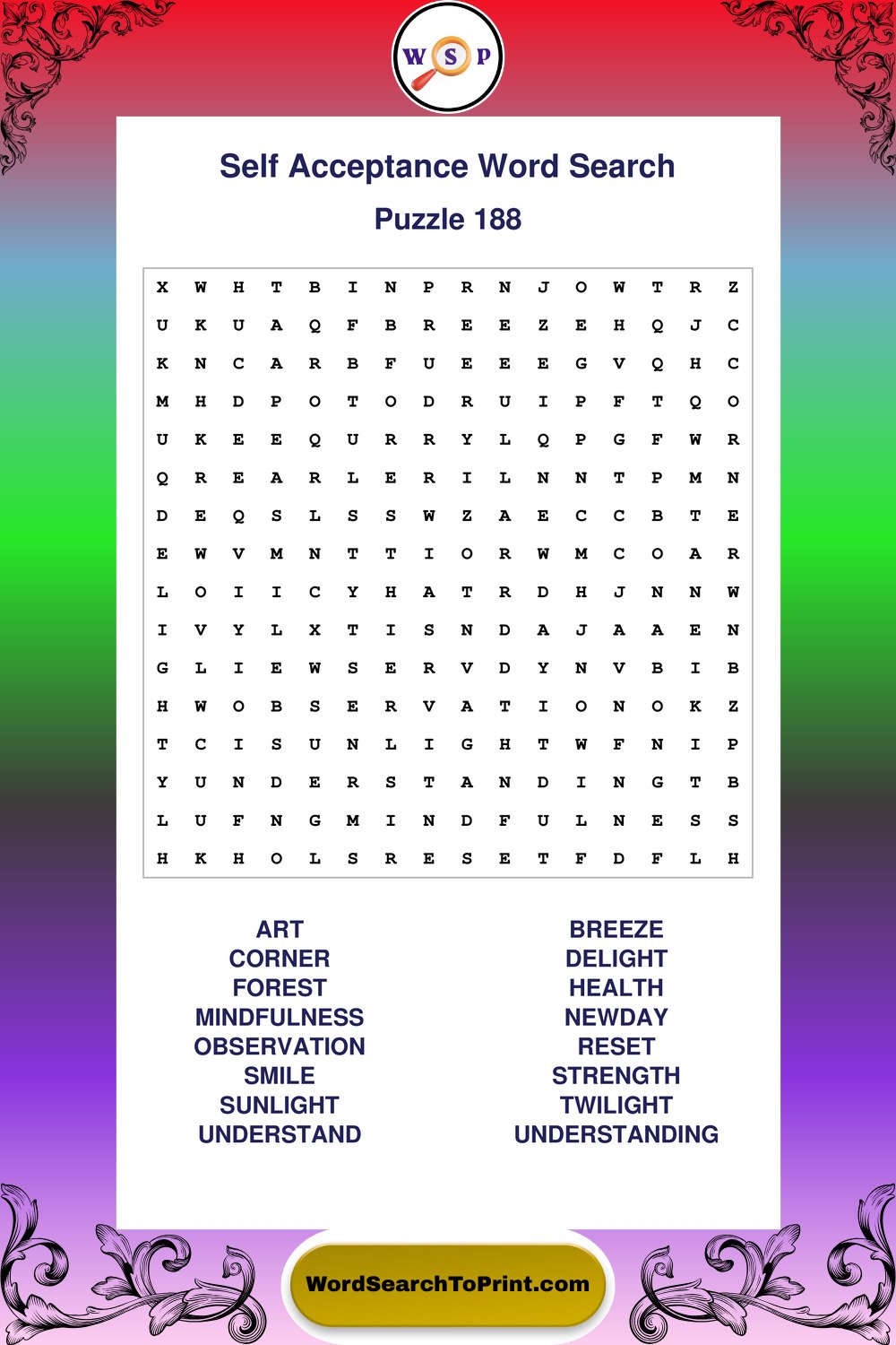 Self Acceptance Word Search Puzzle 188