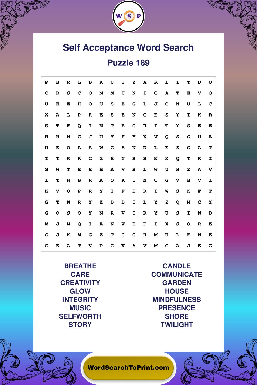Self Acceptance Word Search Puzzle 189