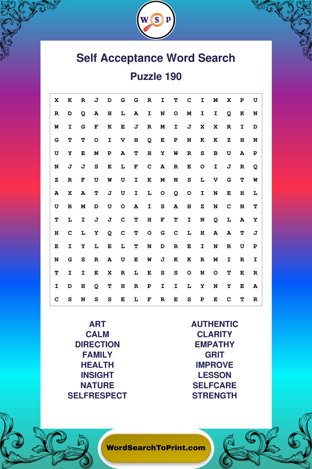 Self Acceptance Word Search Puzzle 190